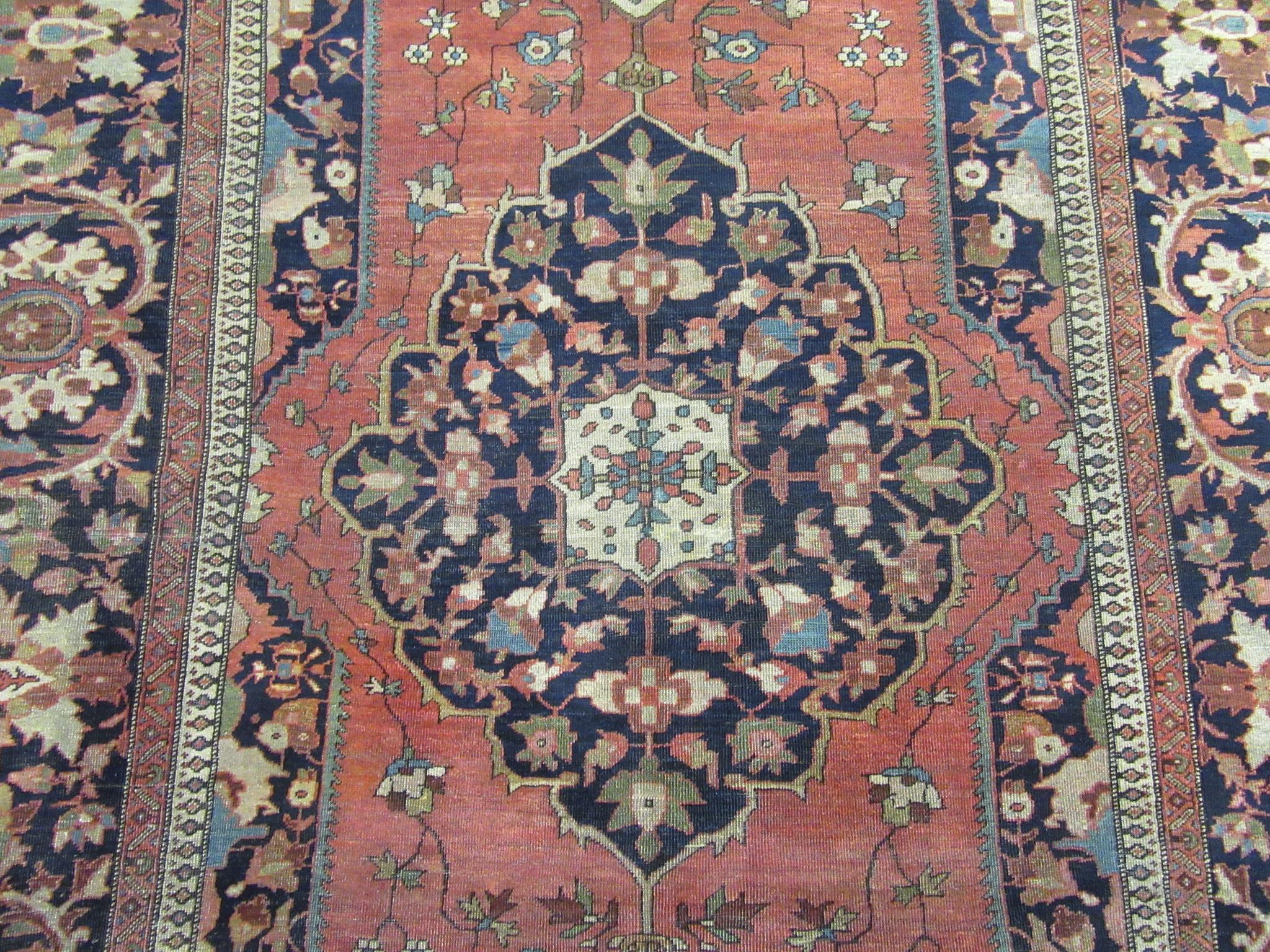 Antique Hand Knotted Red, Navy Wool Persian Sarouk Farahan Rug For Sale 1