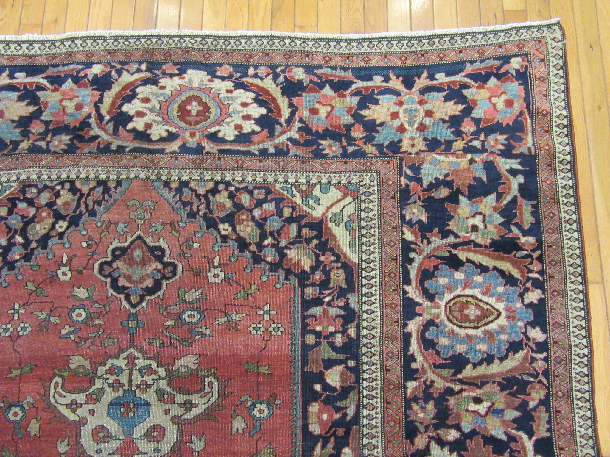 Antique Hand Knotted Red, Navy Wool Persian Sarouk Farahan Rug For Sale 2