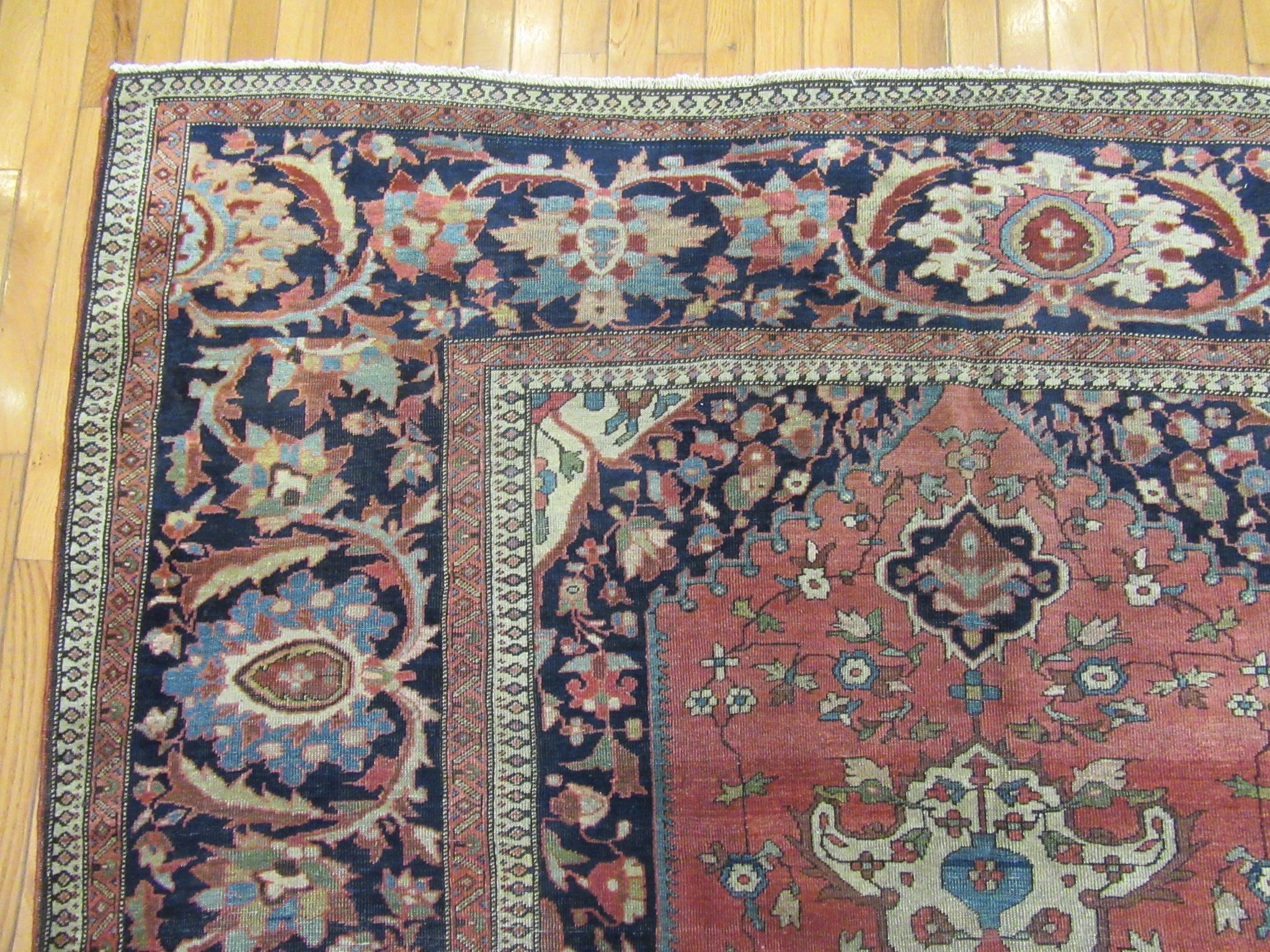 Antique Hand Knotted Red, Navy Wool Persian Sarouk Farahan Rug For Sale 3