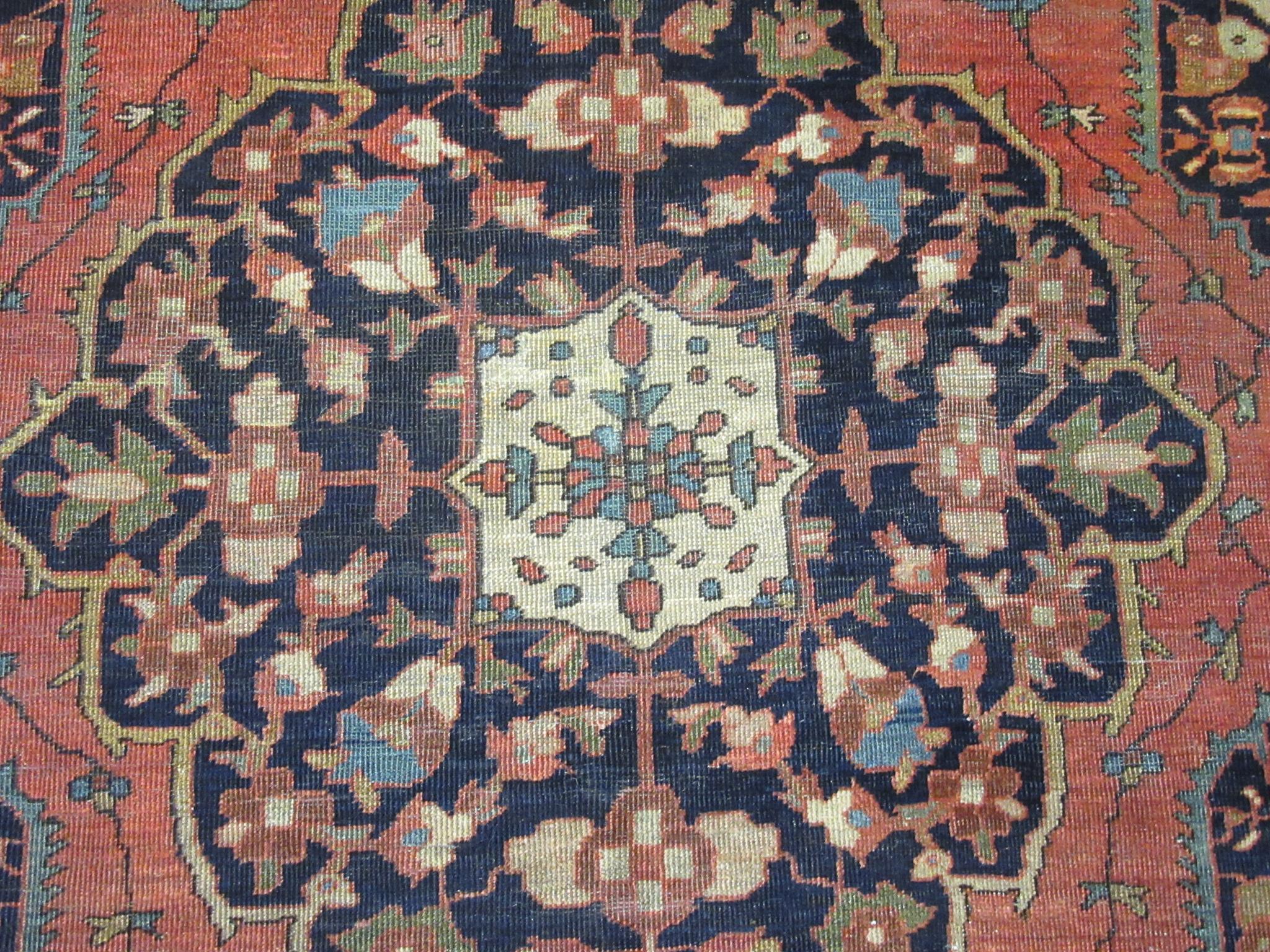 Antique Hand Knotted Red, Navy Wool Persian Sarouk Farahan Rug For Sale 4