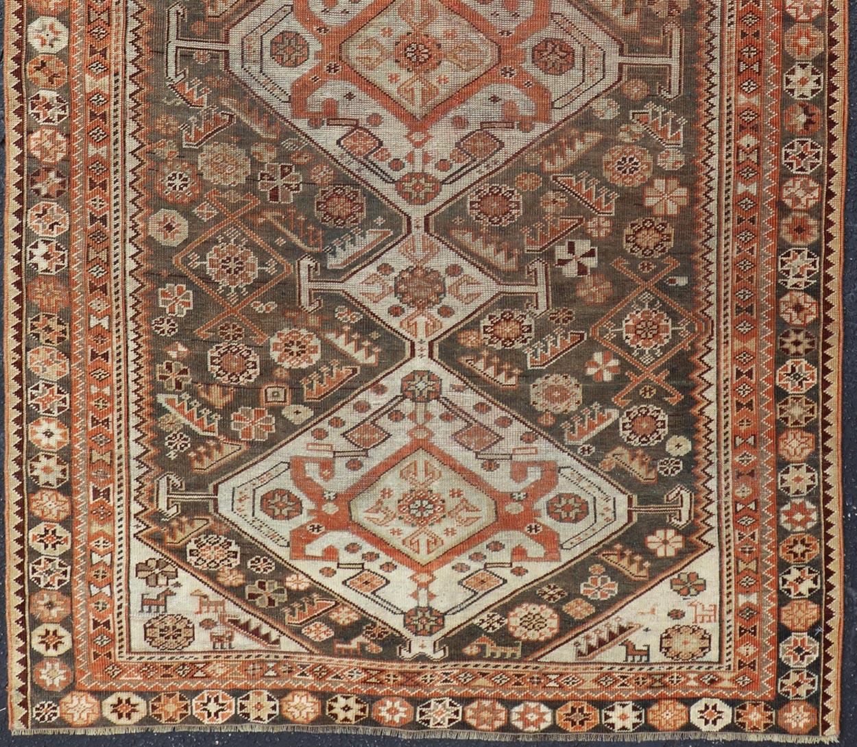 Antique Hand-Knotted Persian Shiraz in Wool with All-Over Medallion Design For Sale 1