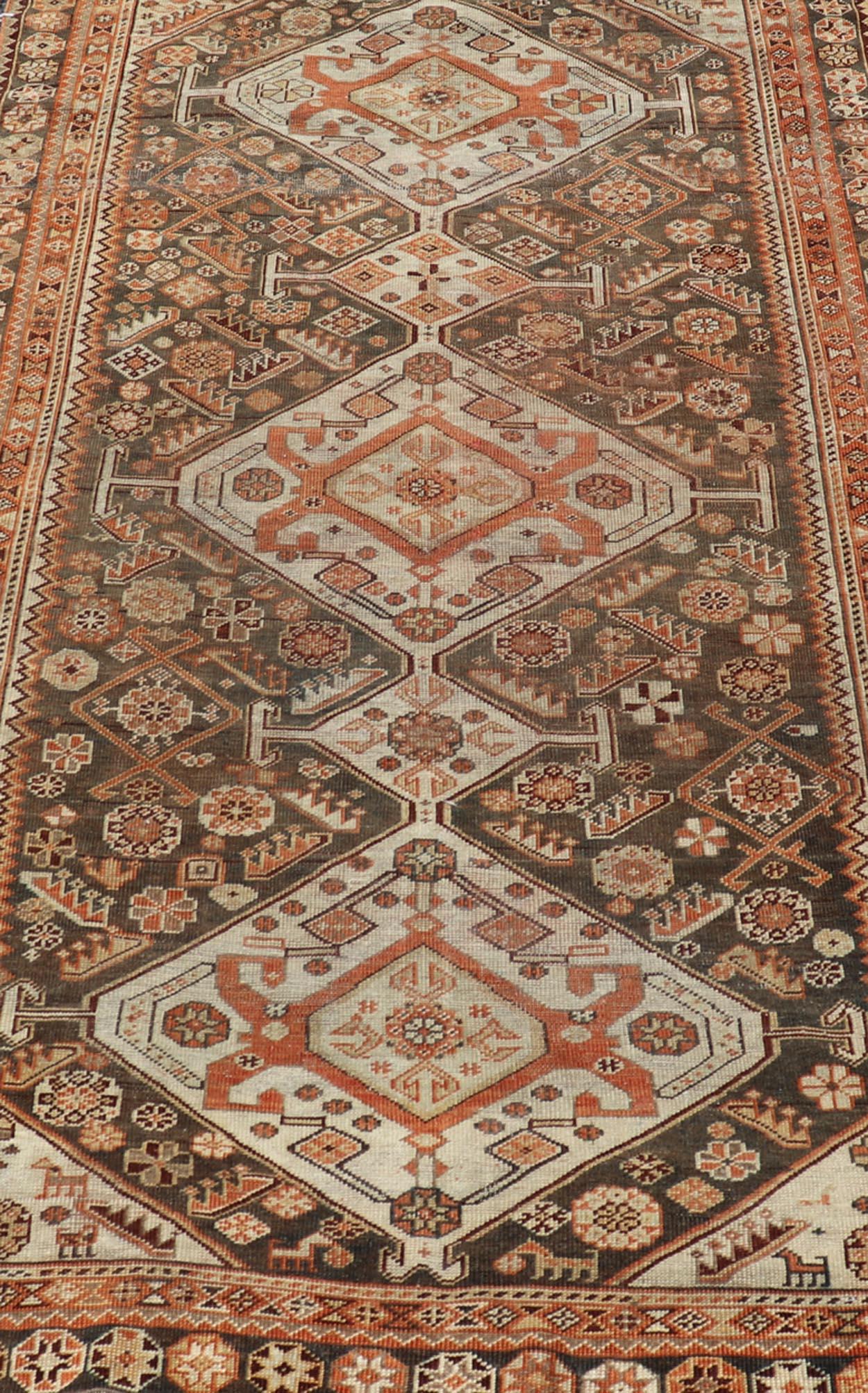 Antique Hand-Knotted Persian Shiraz in Wool with All-Over Medallion Design For Sale 2
