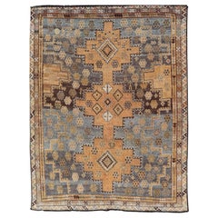 Antique Hand-Knotted Persian Shiraz in Wool with Sub-Geometric Medallion Design