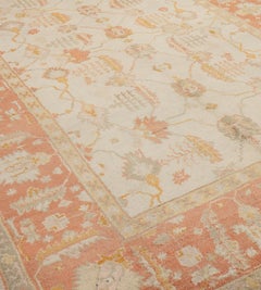 Antique Hand-Knotted Oushak Rug, Ivory Field, Early 20th Century
