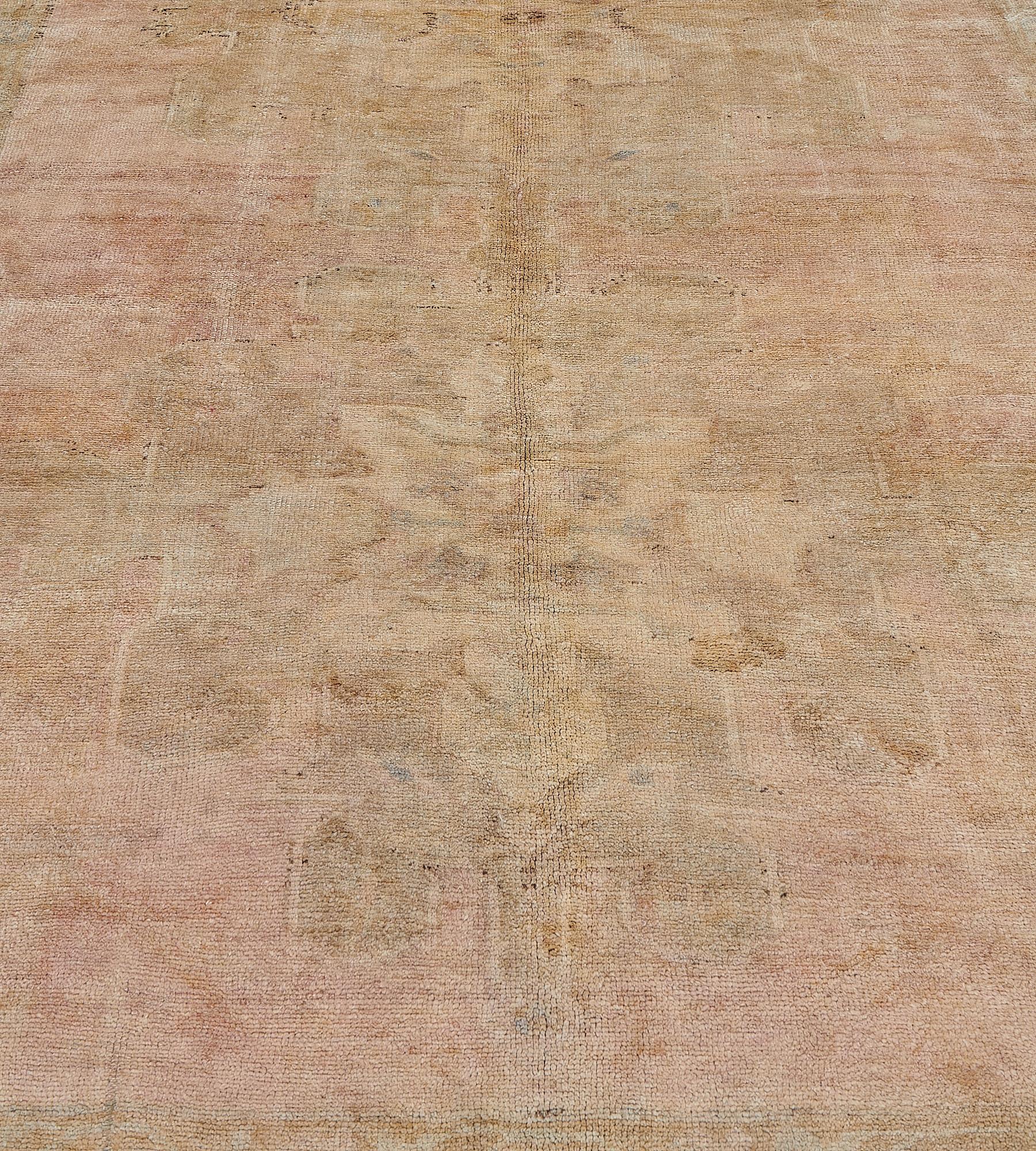 Turkish Antique Hand Knotted Pink Wool Oushak Rug For Sale