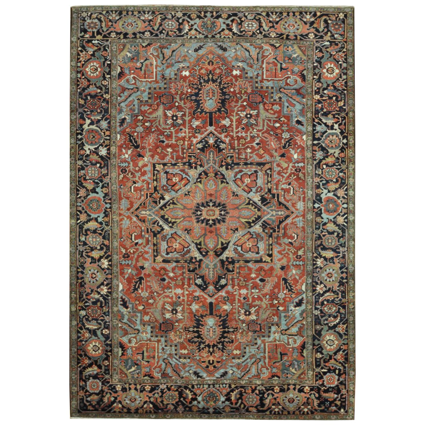 Antique Hand Knotted Red, Blue Navy Wool Persian Heriz Rug For Sale