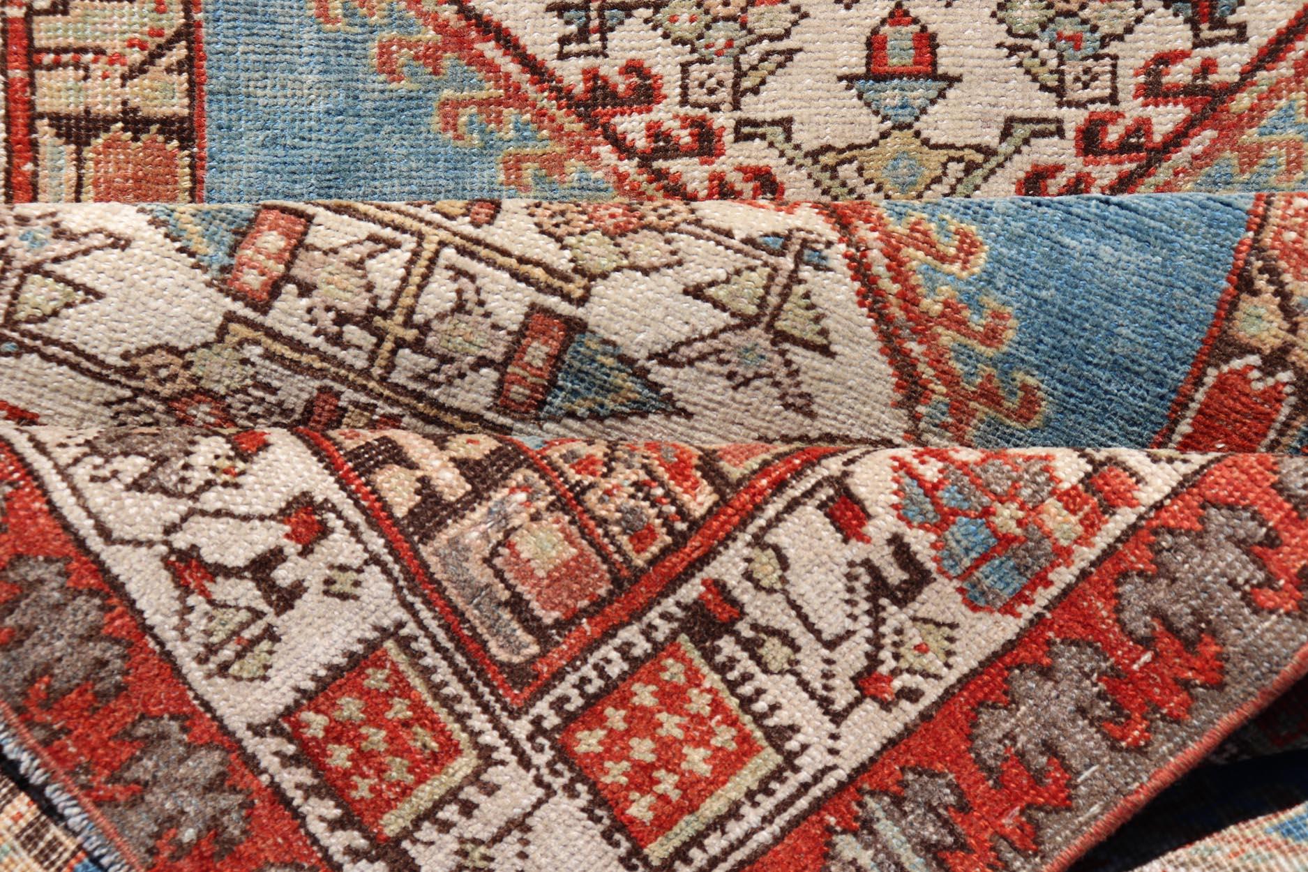 Antique Hand-Knotted Sarab Runner with Sub-Geometric Design in Red, Blue & Ivory For Sale 3