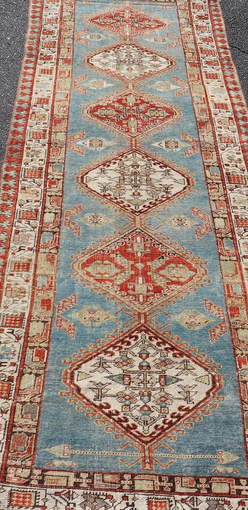 Antique Hand-Knotted Sarab Runner with Sub-Geometric Design in Red, Blue & Ivory For Sale 4