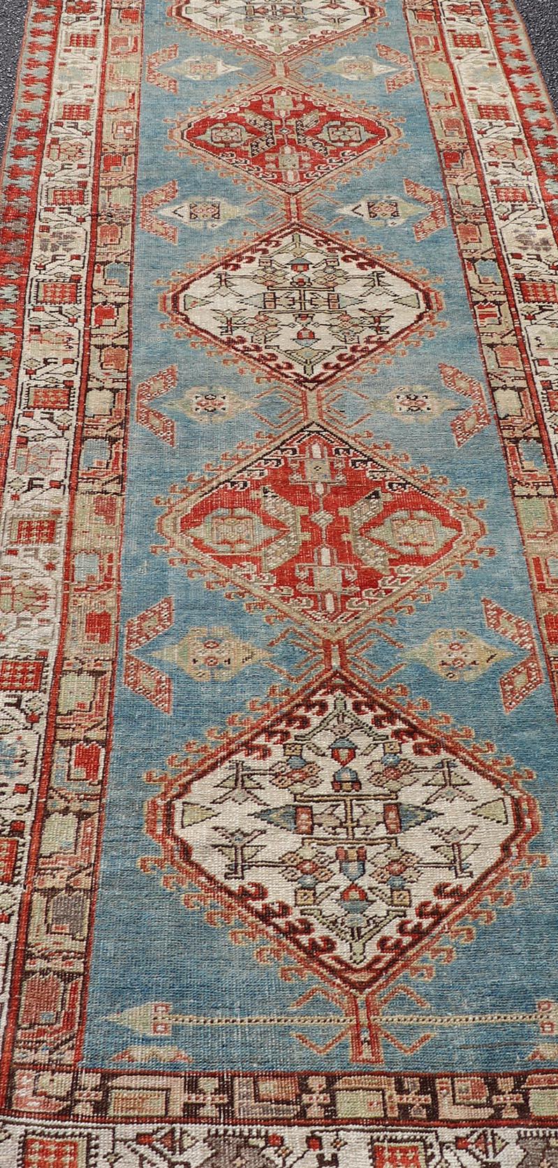 Antique Hand-Knotted Sarab Runner with Sub-Geometric Design in Red, Blue & Ivory For Sale 5
