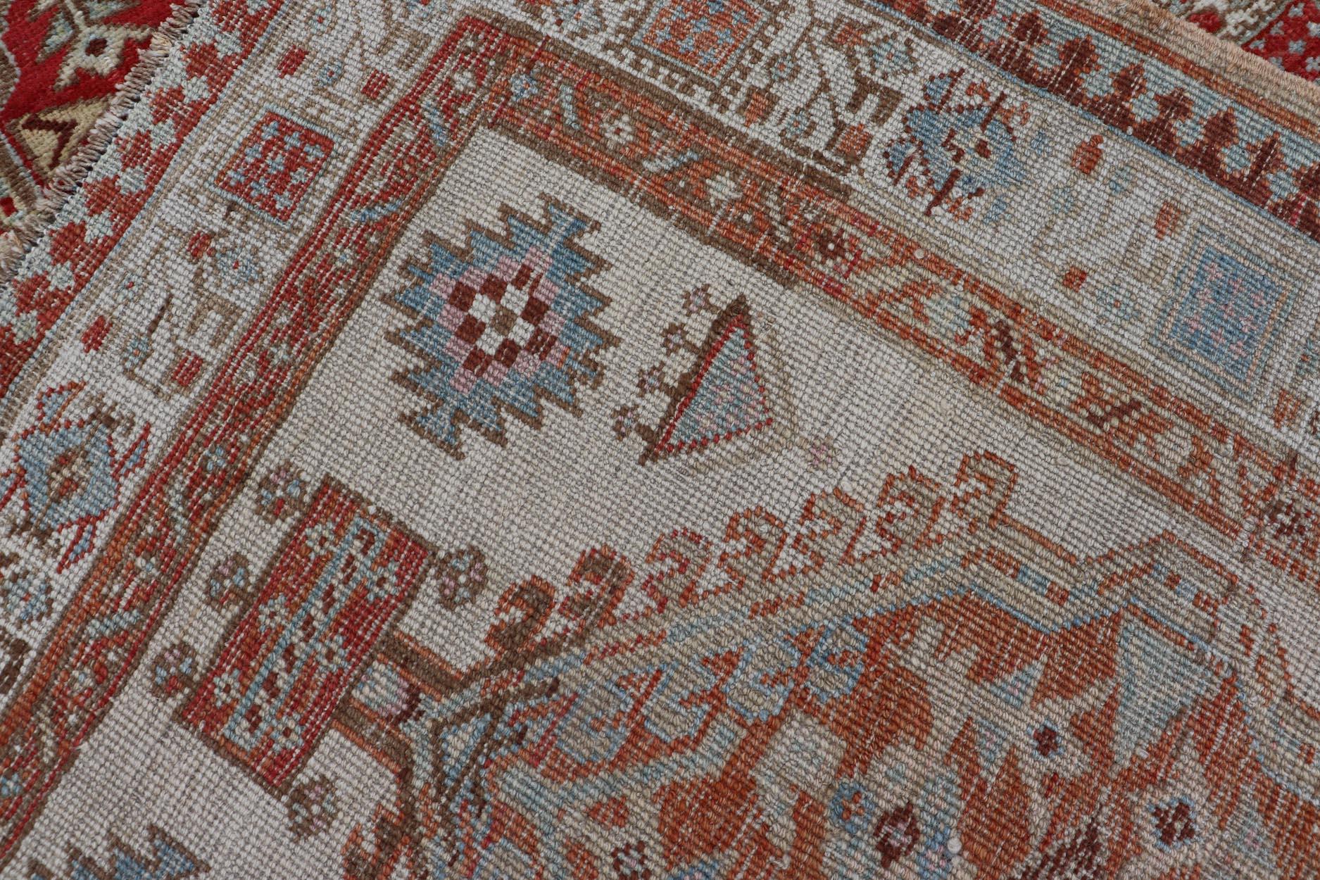 Antique Hand-Knotted Sarab Runner with Sub-Geometric Design in Red, Blue & Ivory For Sale 6