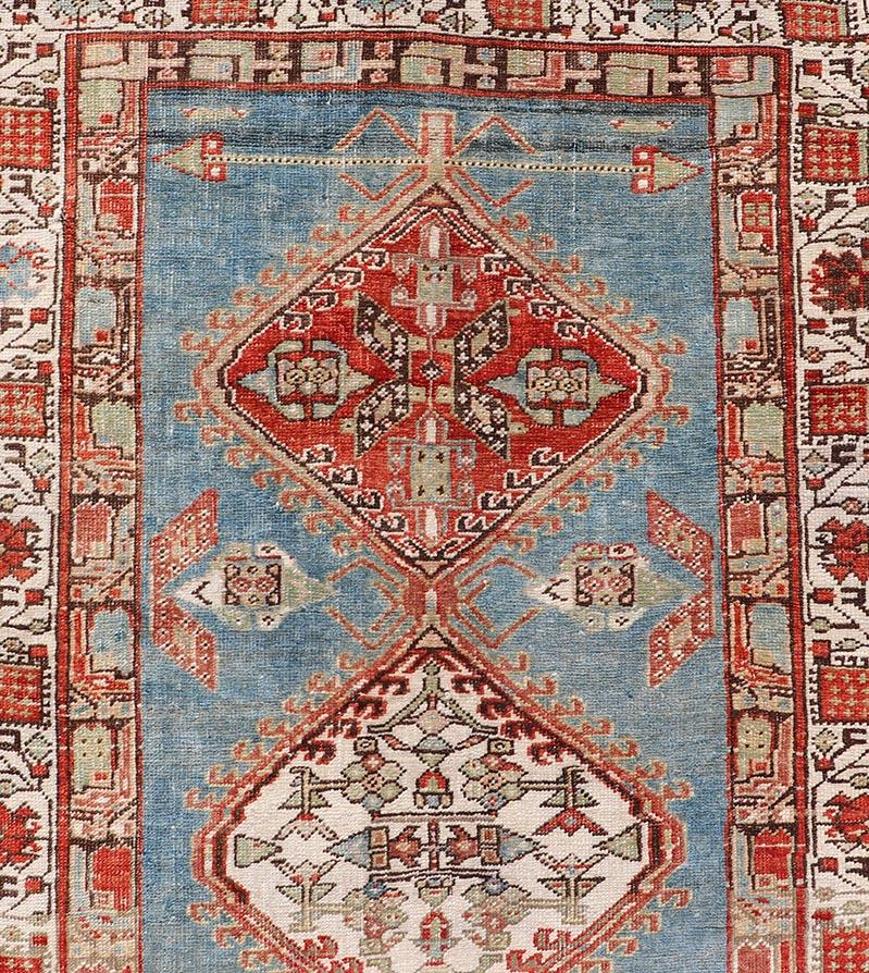 Malayer Antique Hand-Knotted Sarab Runner with Sub-Geometric Design in Red, Blue & Ivory For Sale