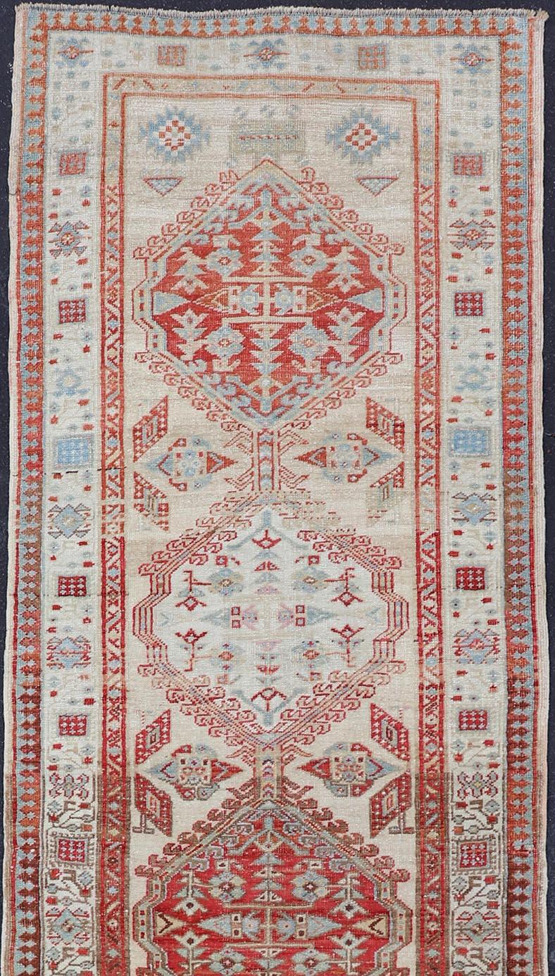 Persian Antique Hand-Knotted Sarab Runner with Sub-Geometric Design in Red, Blue & Ivory For Sale