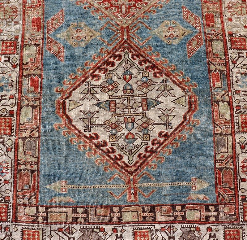Persian Antique Hand-Knotted Sarab Runner with Sub-Geometric Design in Red, Blue & Ivory For Sale