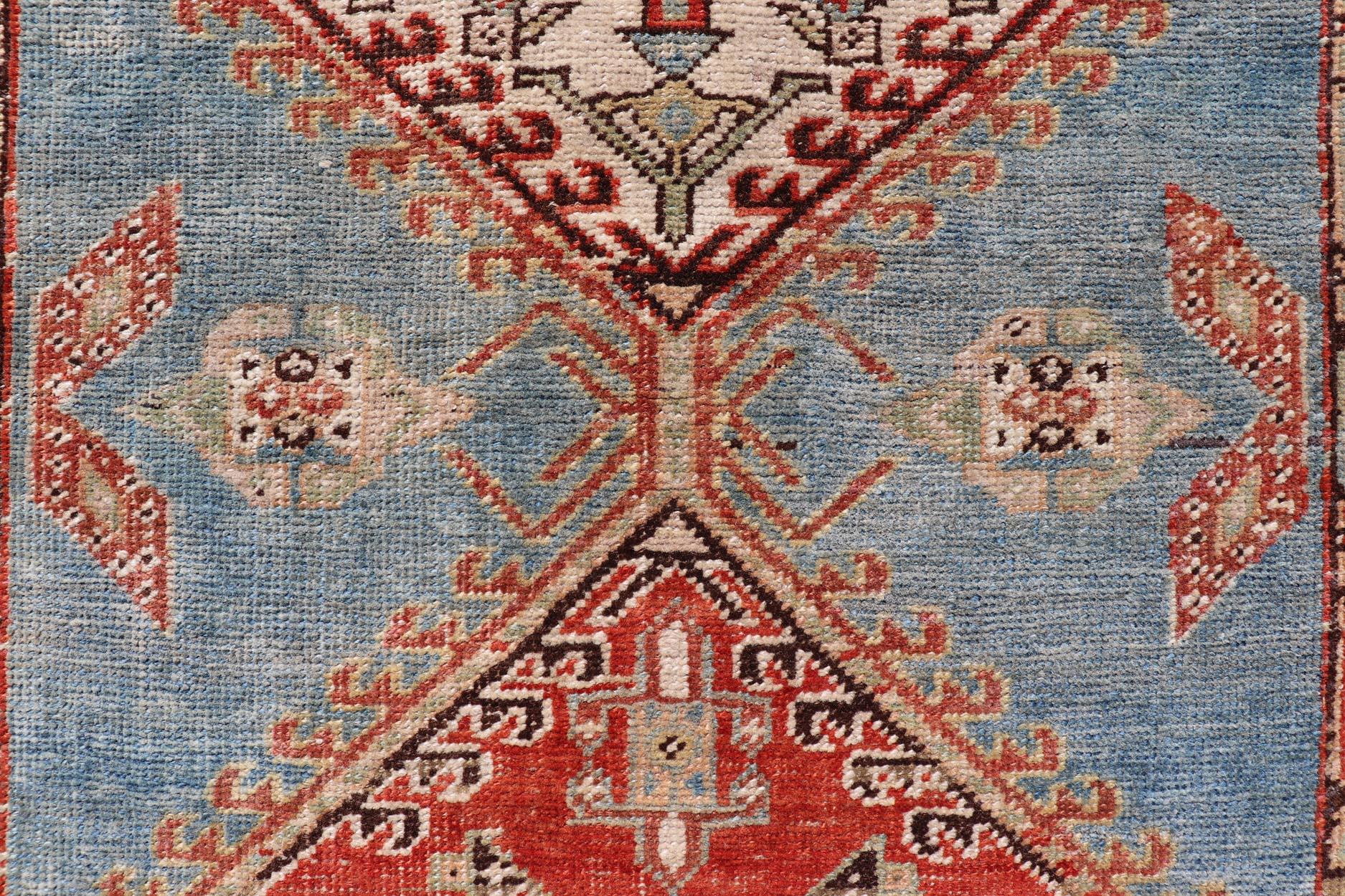 Antique Hand-Knotted Sarab Runner with Sub-Geometric Design in Red, Blue & Ivory In Good Condition For Sale In Atlanta, GA