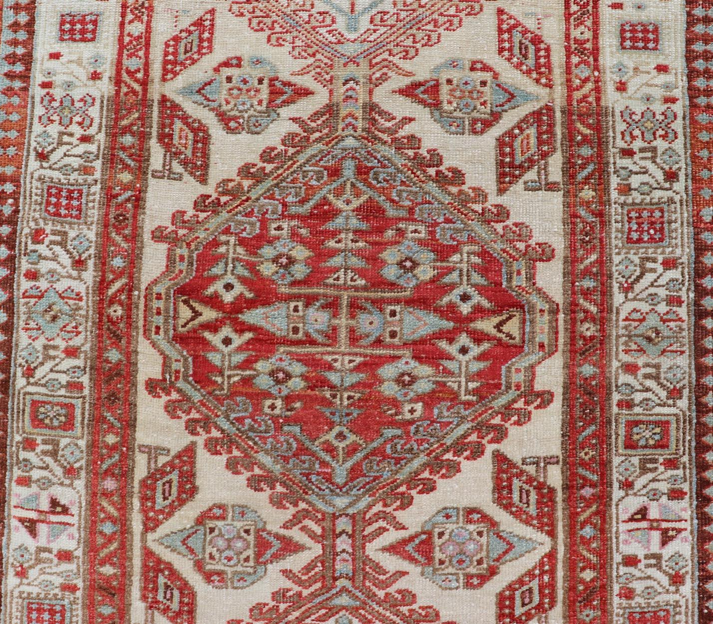 Wool Antique Hand-Knotted Sarab Runner with Sub-Geometric Design in Red, Blue & Ivory For Sale