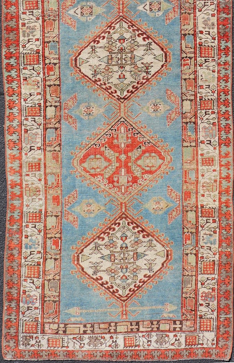 Antique Hand-Knotted Sarab Runner with Sub-Geometric Design in Red, Blue & Ivory For Sale 1