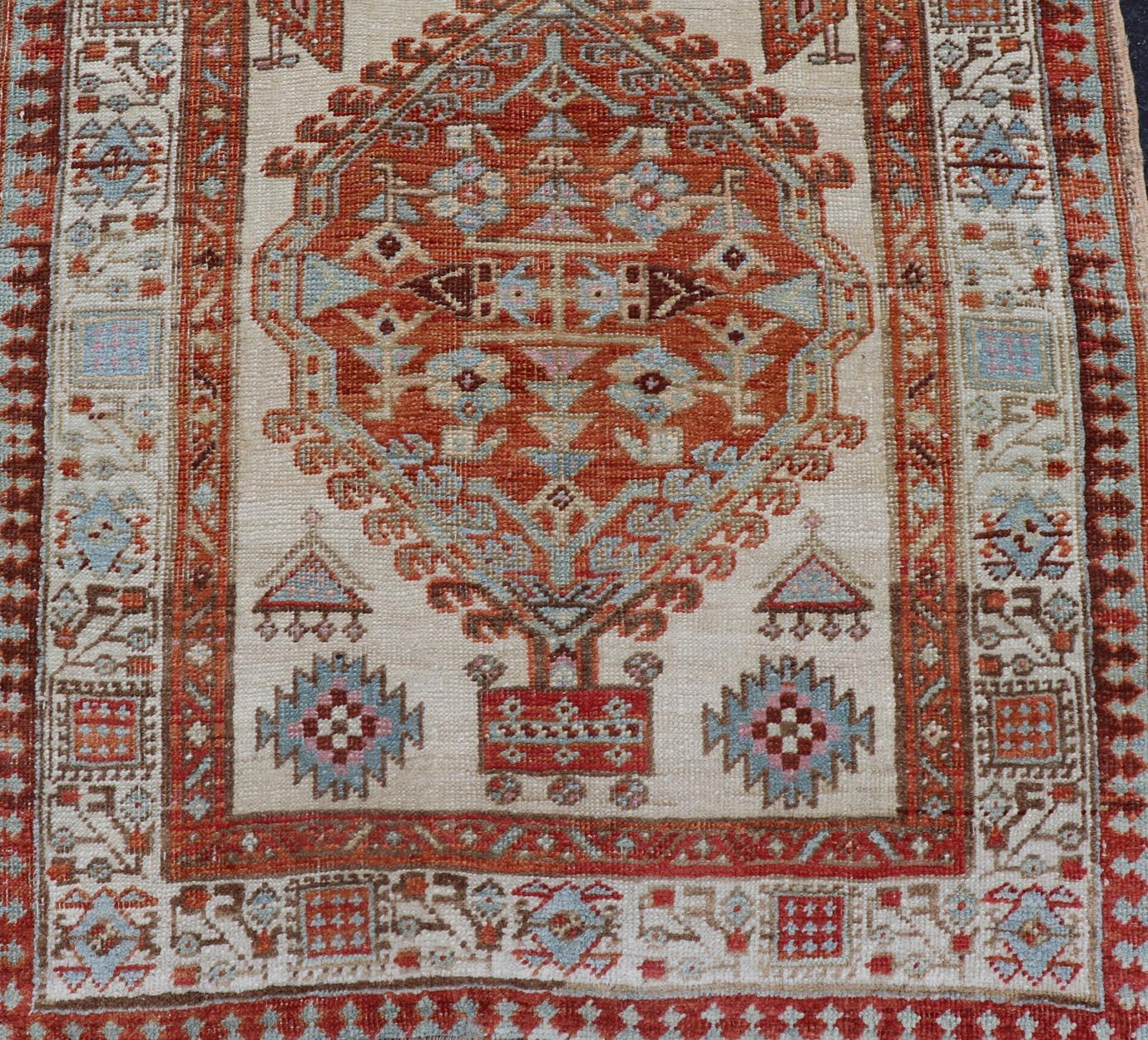 Antique Hand-Knotted Sarab Runner with Sub-Geometric Design in Red, Blue & Ivory For Sale 2