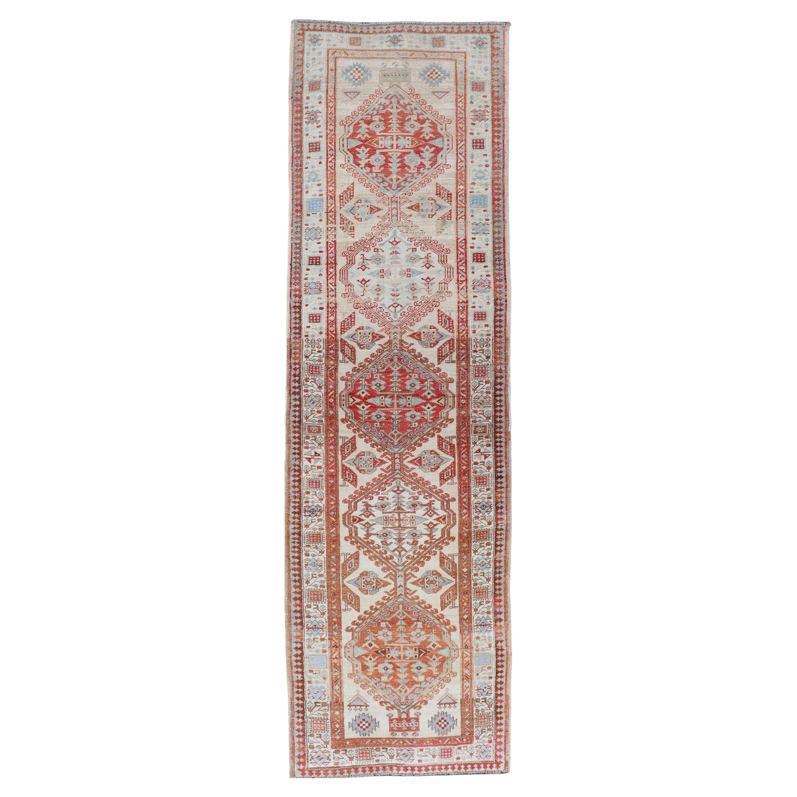 Antique Hand-Knotted Sarab Runner with Sub-Geometric Design in Red, Blue & Ivory