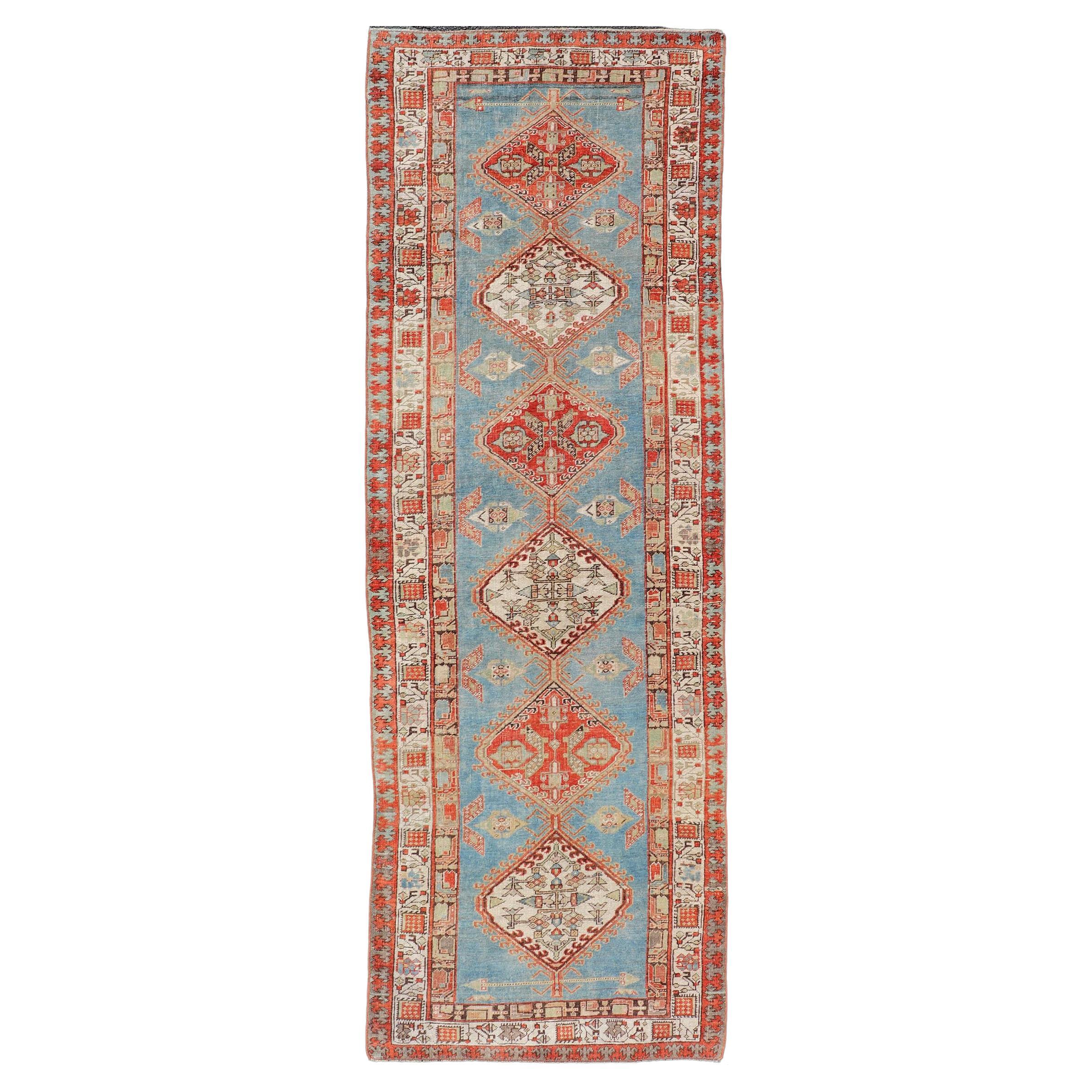Antique Hand-Knotted Sarab Runner with Sub-Geometric Design in Red, Blue & Ivory For Sale
