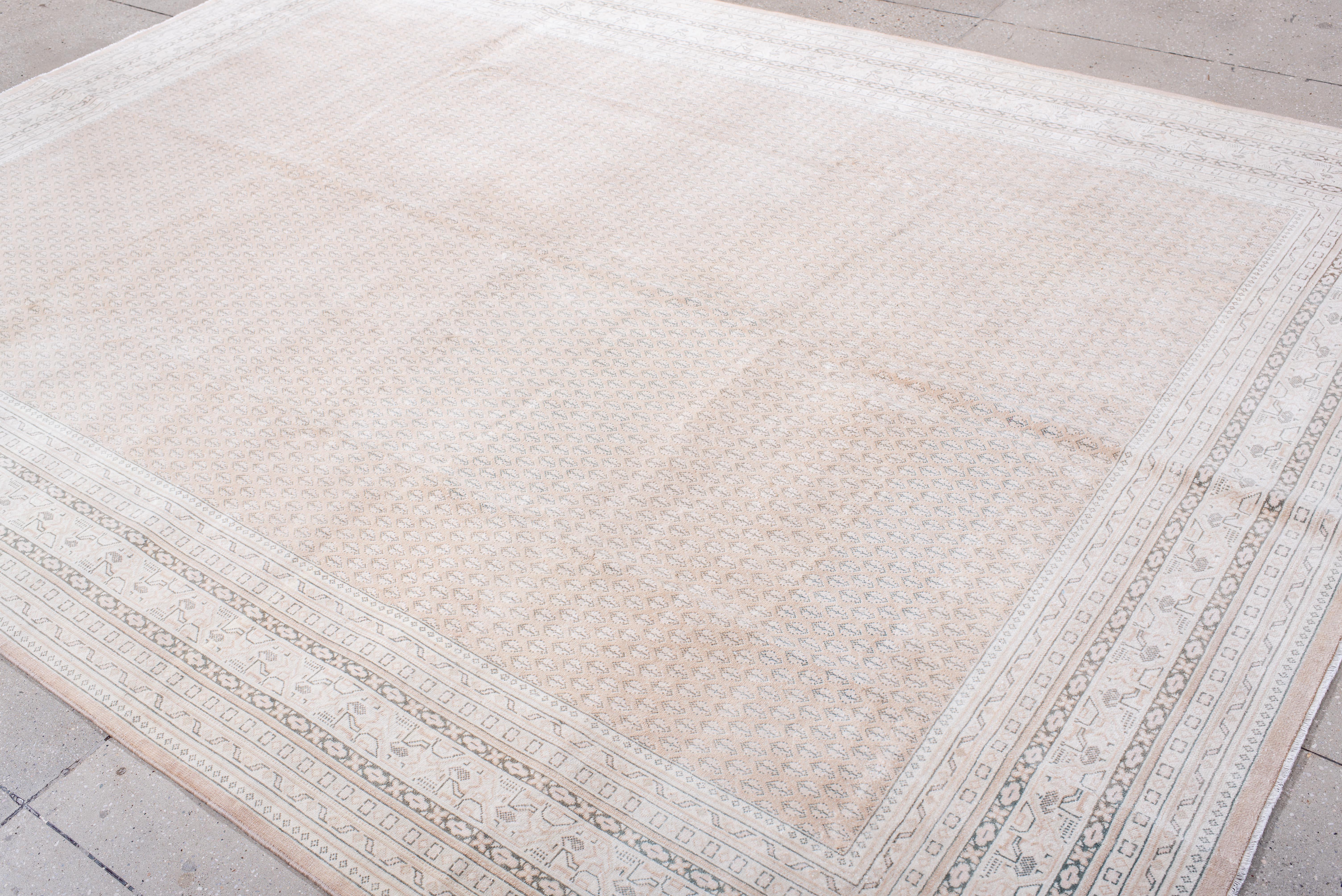 Dieser antike Saraband-Teppich zeichnet sich durch ein raffiniertes Allover-Boteh-Muster aus, das sorgfältig in einer weichen, neutralen Farbpalette aus Elfenbein, Beige und gedämpftem Taupe gewebt wurde. Die verschlungenen, sich wiederholenden