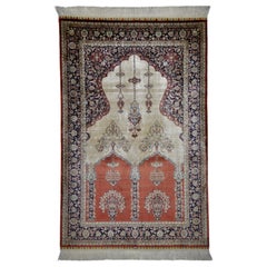 Antique Hand Knotted Silk Beige and Red - Rug - Carpet - Hereke