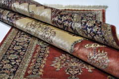 Antique Hand Knotted Silk Beige and Red - Rug - Carpet - Hereke
