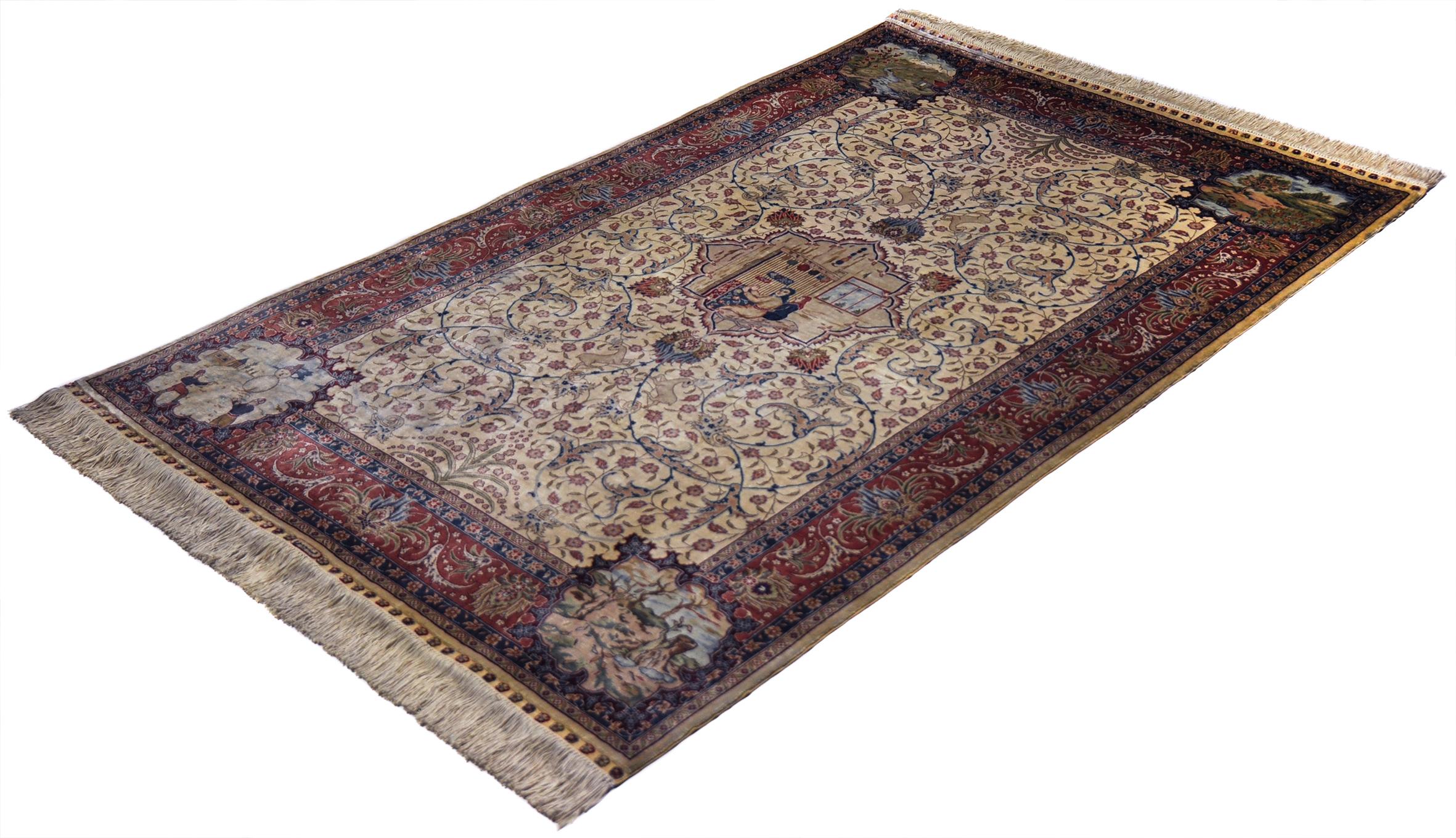 Antique Hand Knotted Silk Beige and Red - Rug - Carpet - Hereke with Flowers For Sale 4