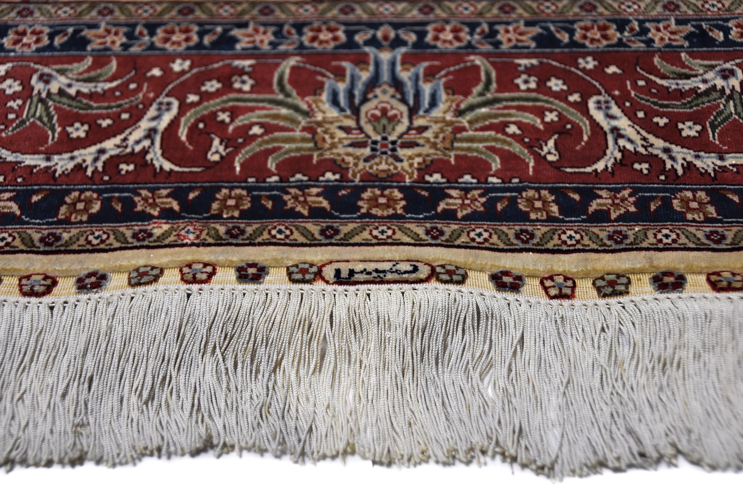 Antique Hand Knotted Silk Beige and Red - Rug - Carpet - Hereke with Flowers For Sale 6