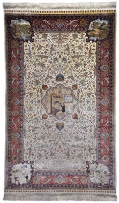 Antique Hand Knotted Silk Beige and Red - Rug - Carpet - Hereke with Flowers