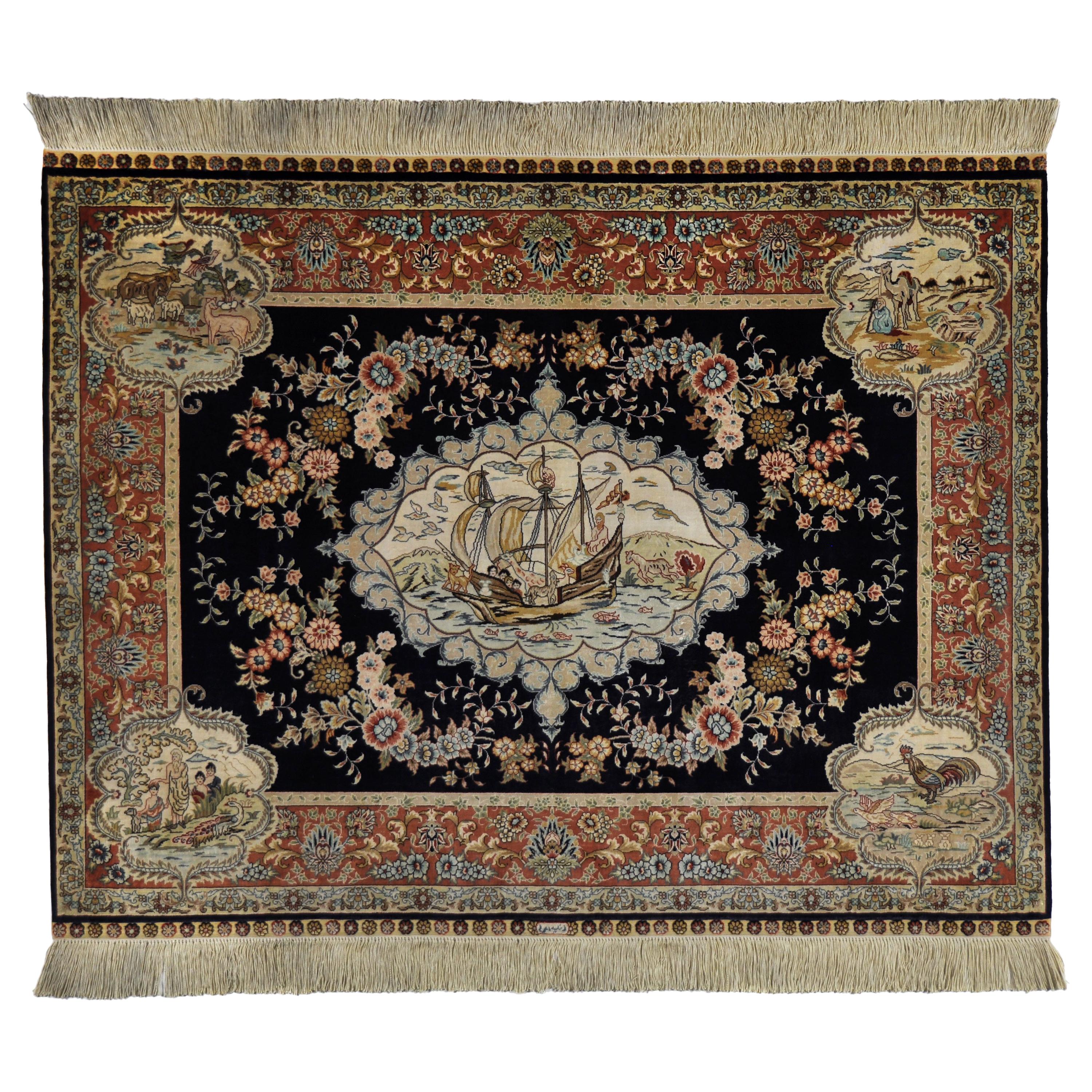 Antiker handgeknüpfter blauer und roter Seidenteppich - Teppich - Hereke im Angebot