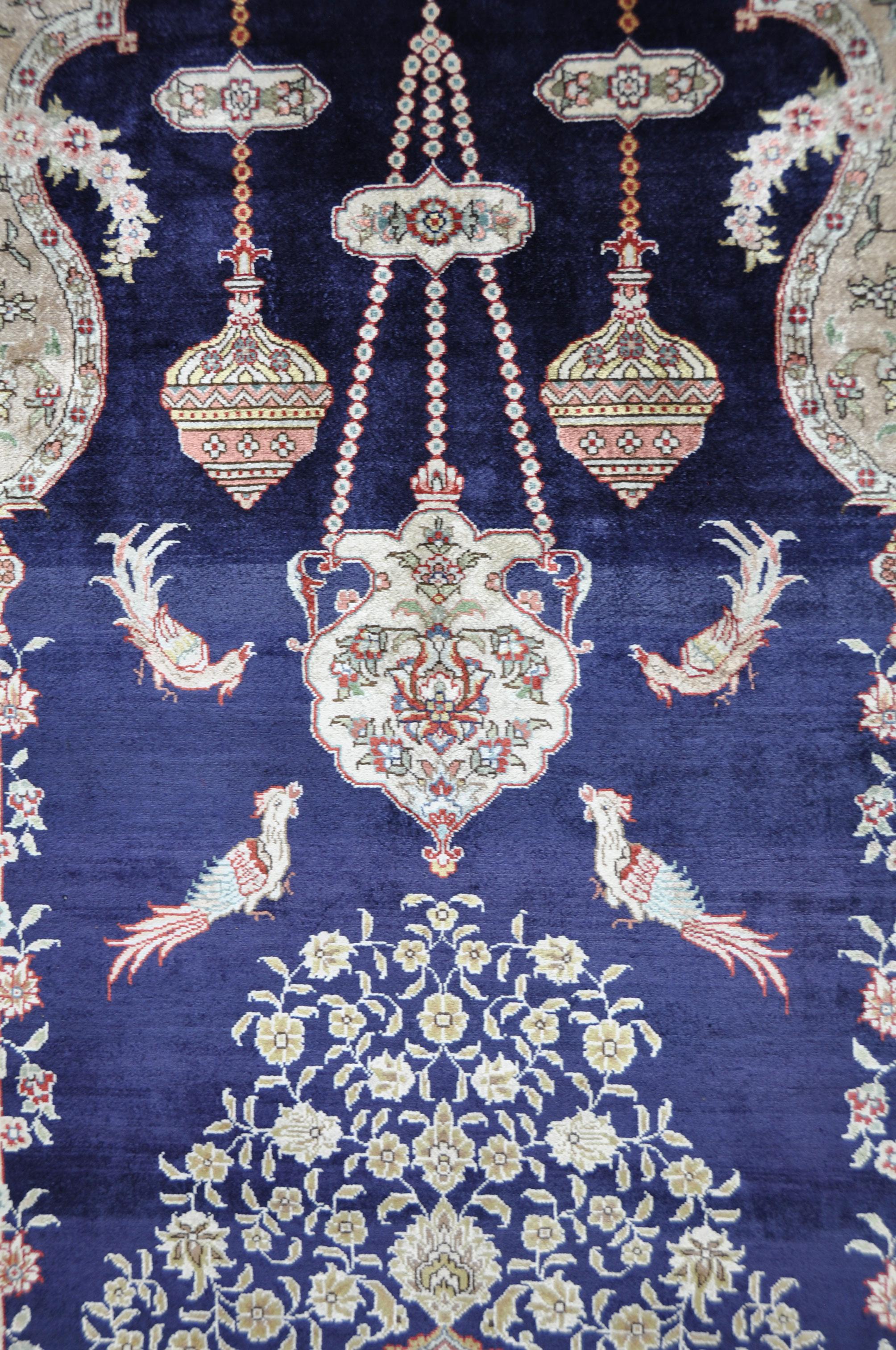 Antique Hand Knotted Silk Blue Beige and Red Rug Hereke For Sale 4