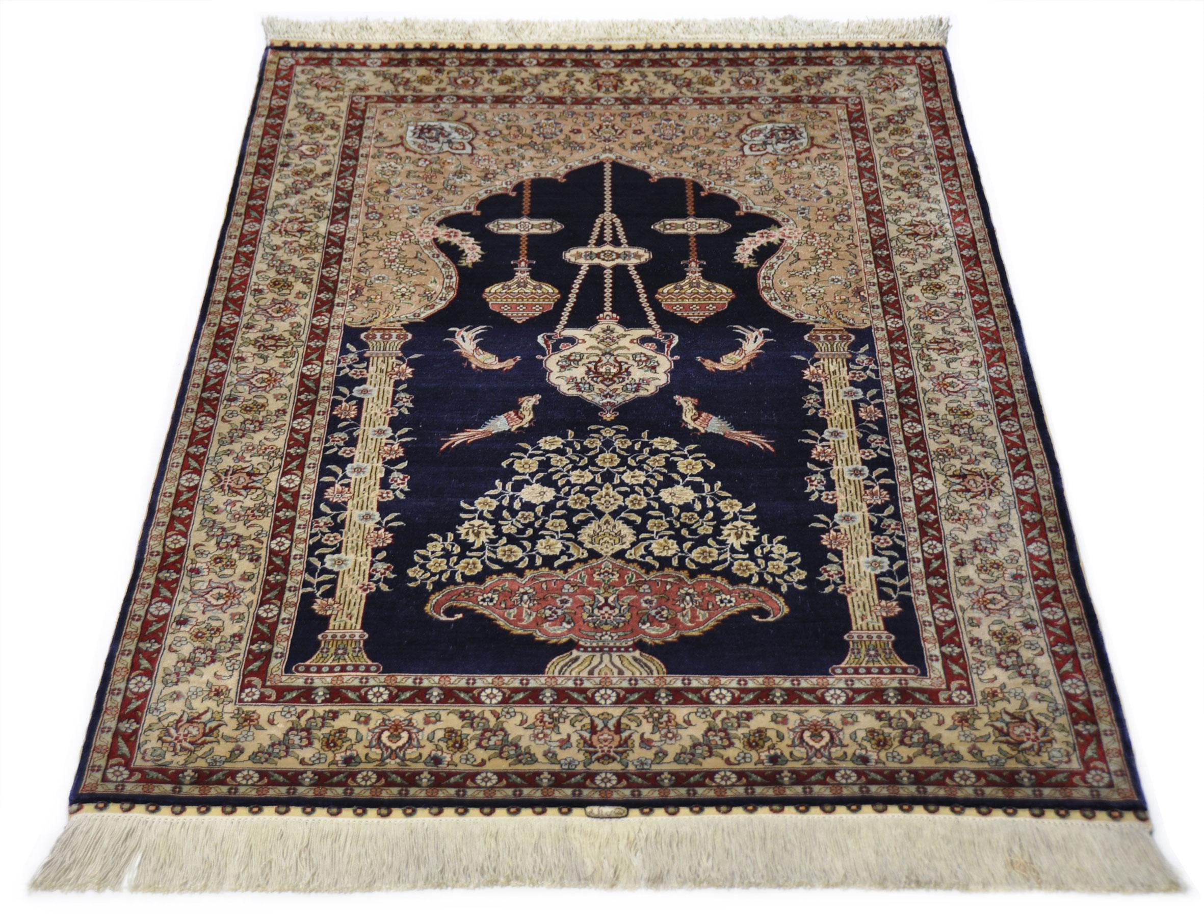 Antique Hand Knotted Silk Blue Beige and Red Rug Hereke For Sale 5