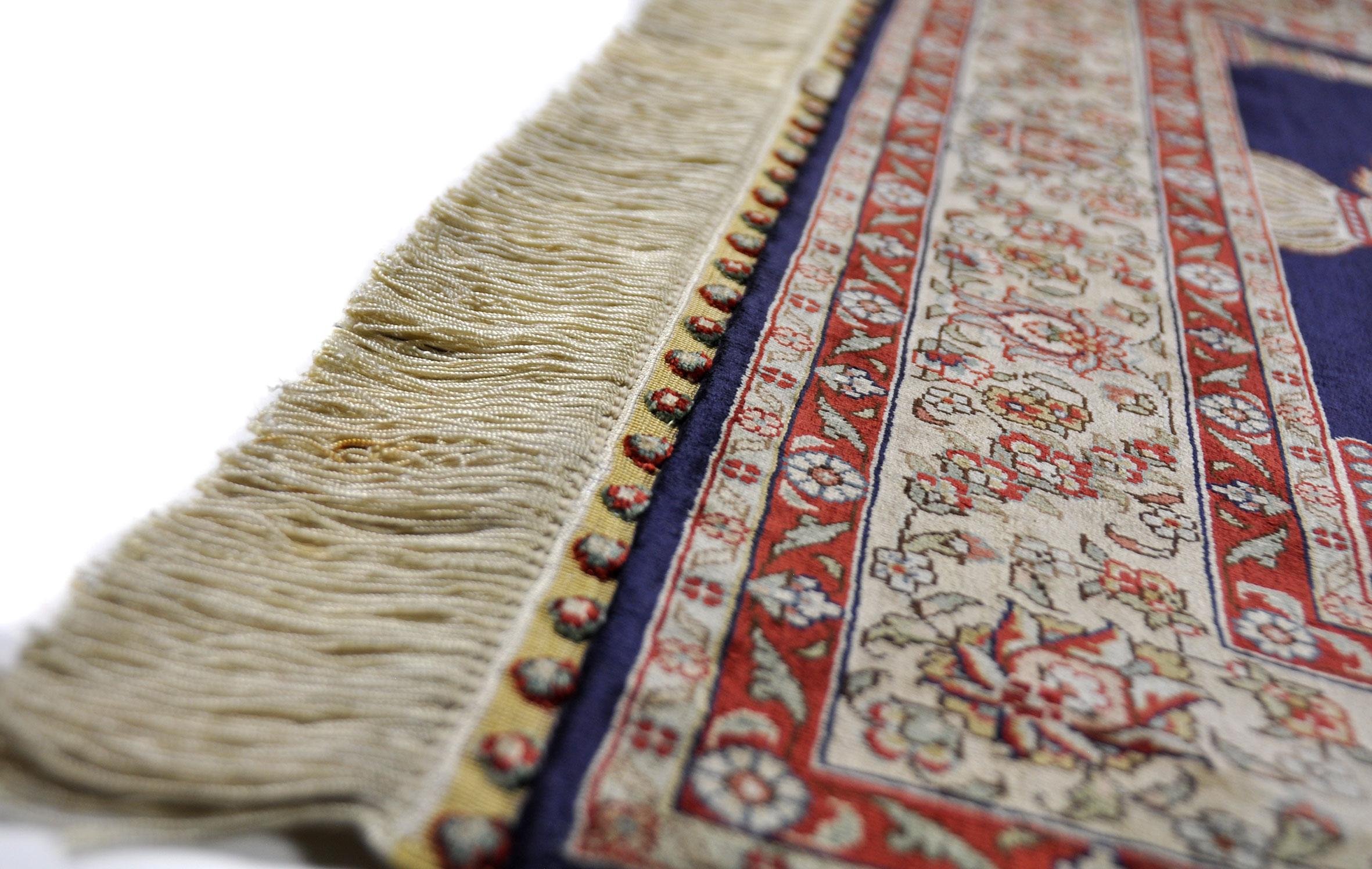 Other Antique Hand Knotted Silk Blue Beige and Red Rug Hereke For Sale