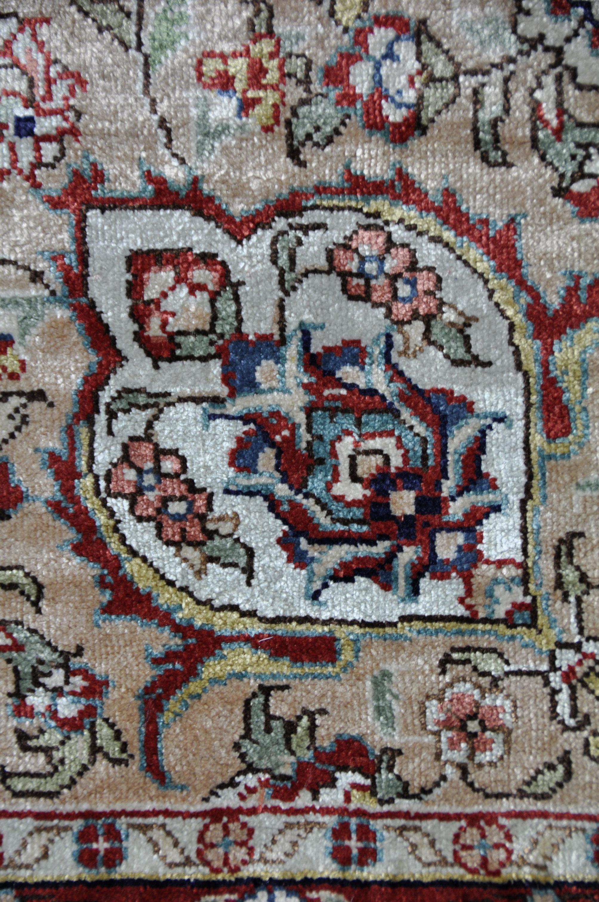 Turkish Antique Hand Knotted Silk Blue Beige and Red Rug Hereke For Sale