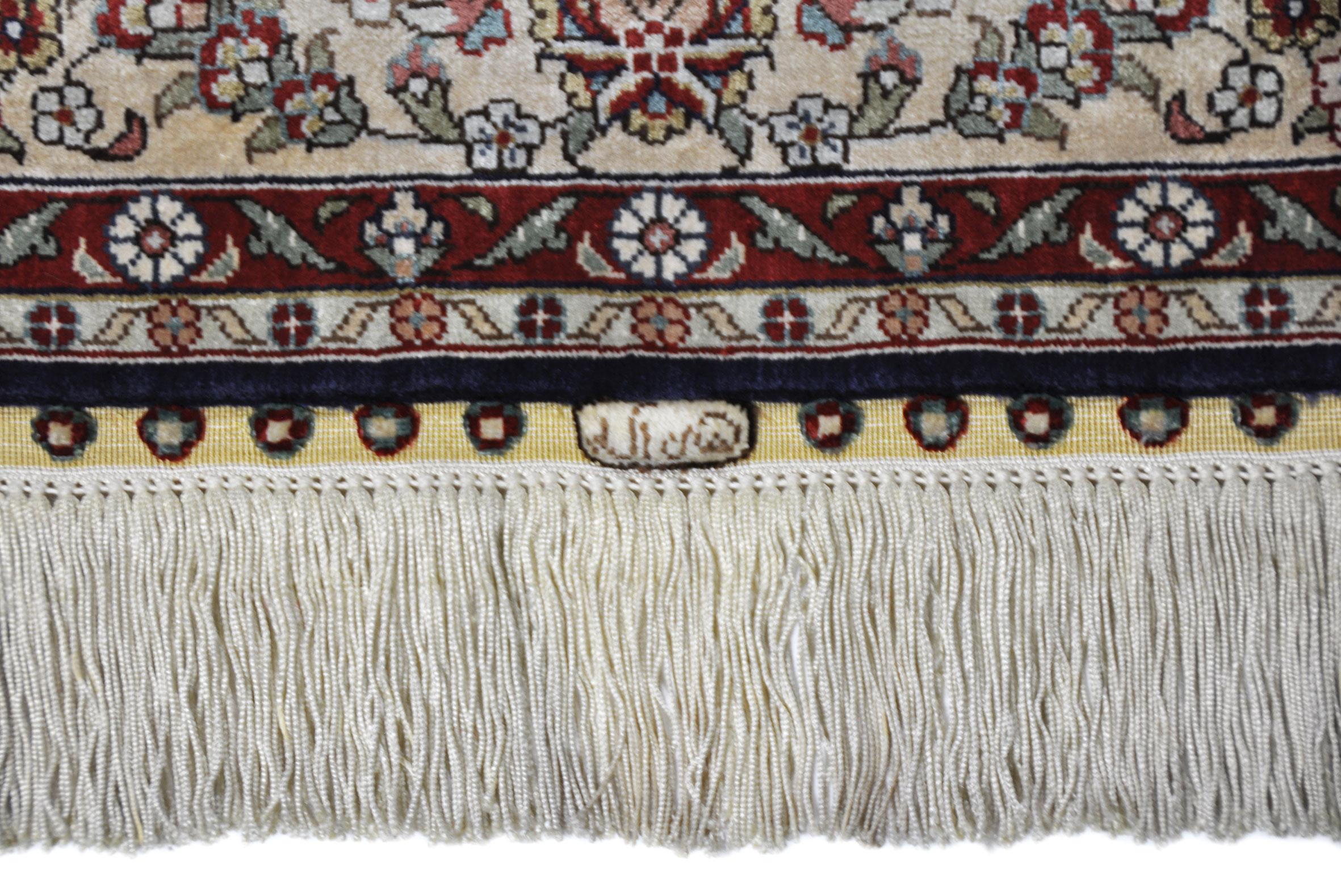 Antique Hand Knotted Silk Blue Beige and Red Rug Hereke In Good Condition For Sale In Tilburg, Brabant