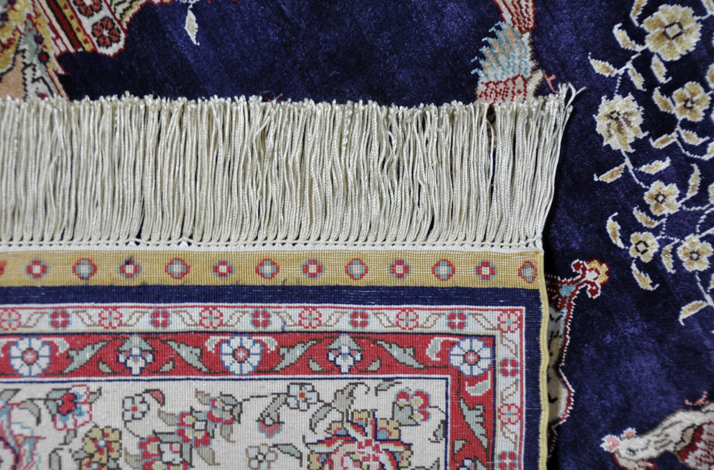 20th Century Antique Hand Knotted Silk Blue Beige and Red Rug Hereke For Sale