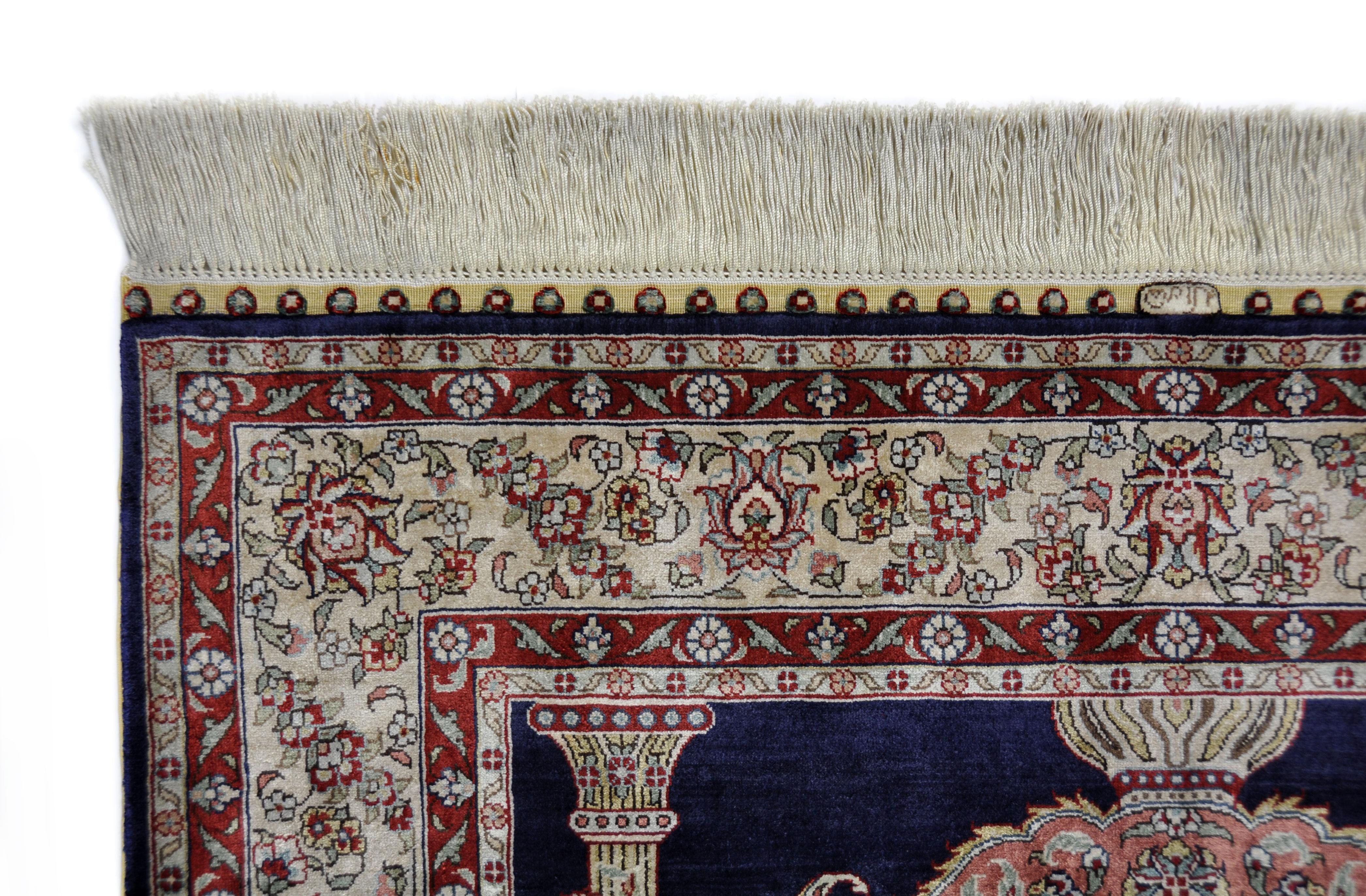 Antique Hand Knotted Silk Blue Beige and Red Rug Hereke For Sale 1