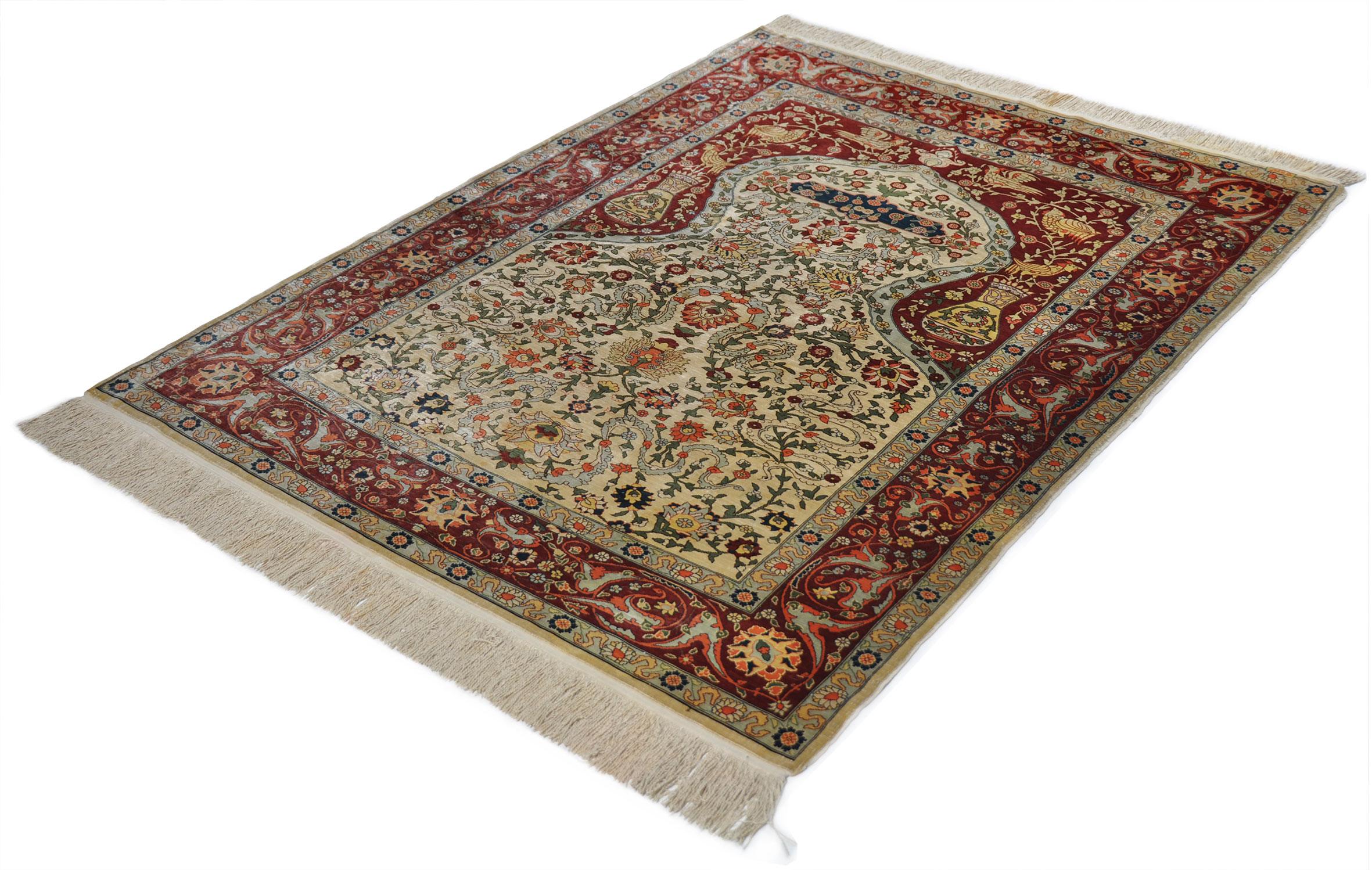 Hand-Knotted Antique Hand Knotted Silk Rug Hereke For Sale
