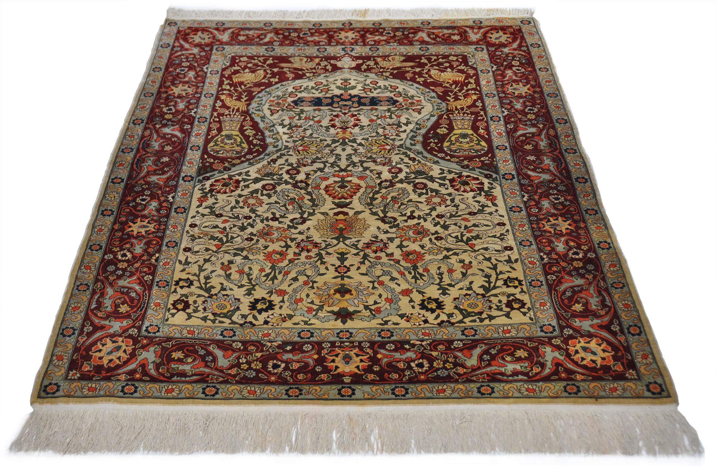 Antique Hand Knotted Silk Rug Hereke For Sale 1