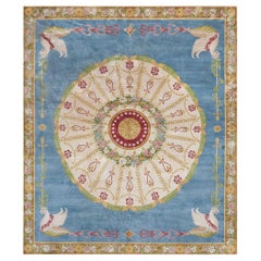 Antique Hand-Knotted Sky-Blue Floral French Savonnerie Rug