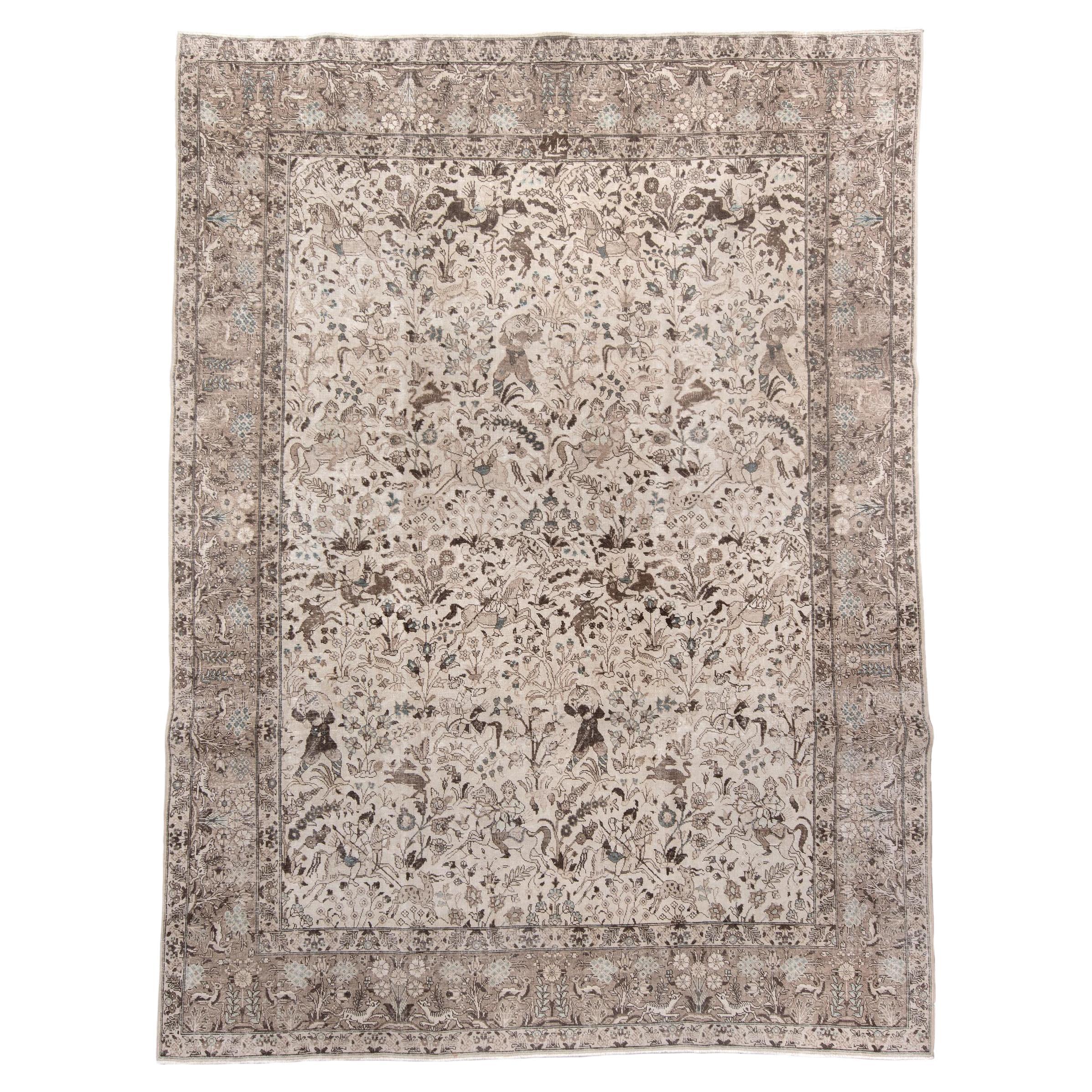 Antique Hand-Knotted Tabriz Rug – Persian Hunting Scene Design