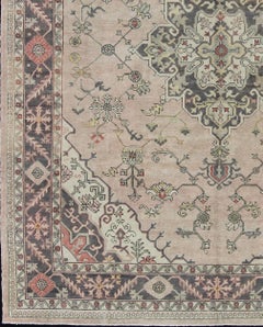 Antique Hand-Knotted Turkish Medallion Oushak in Blush, Ivory and Charcoal