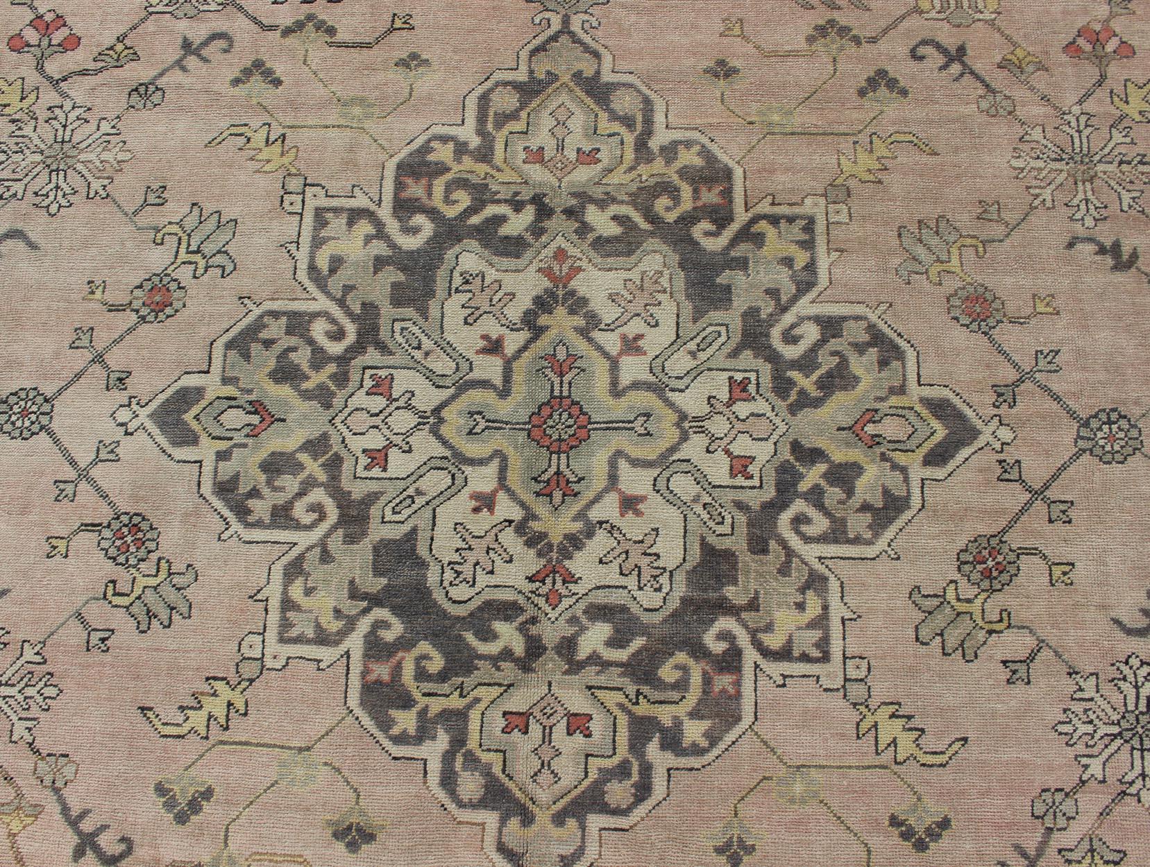 Wool Antique Hand-Knotted Turkish Medallion Oushak in Blush, Ivory and Charcoal For Sale