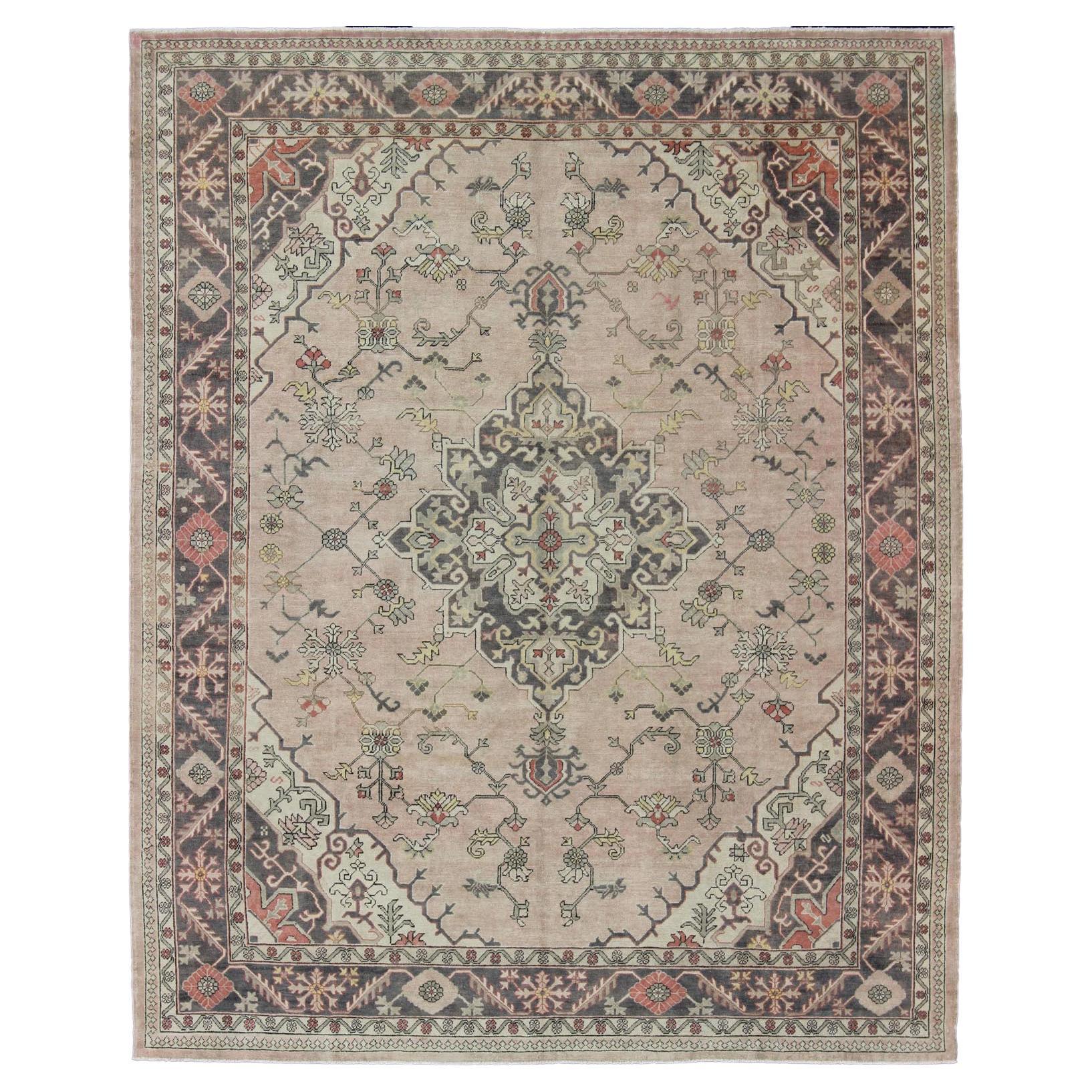 Antique Hand-Knotted Turkish Medallion Oushak in Blush, Ivory and Charcoal