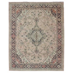 Retro Hand-Knotted Turkish Medallion Oushak in Blush, Ivory and Charcoal