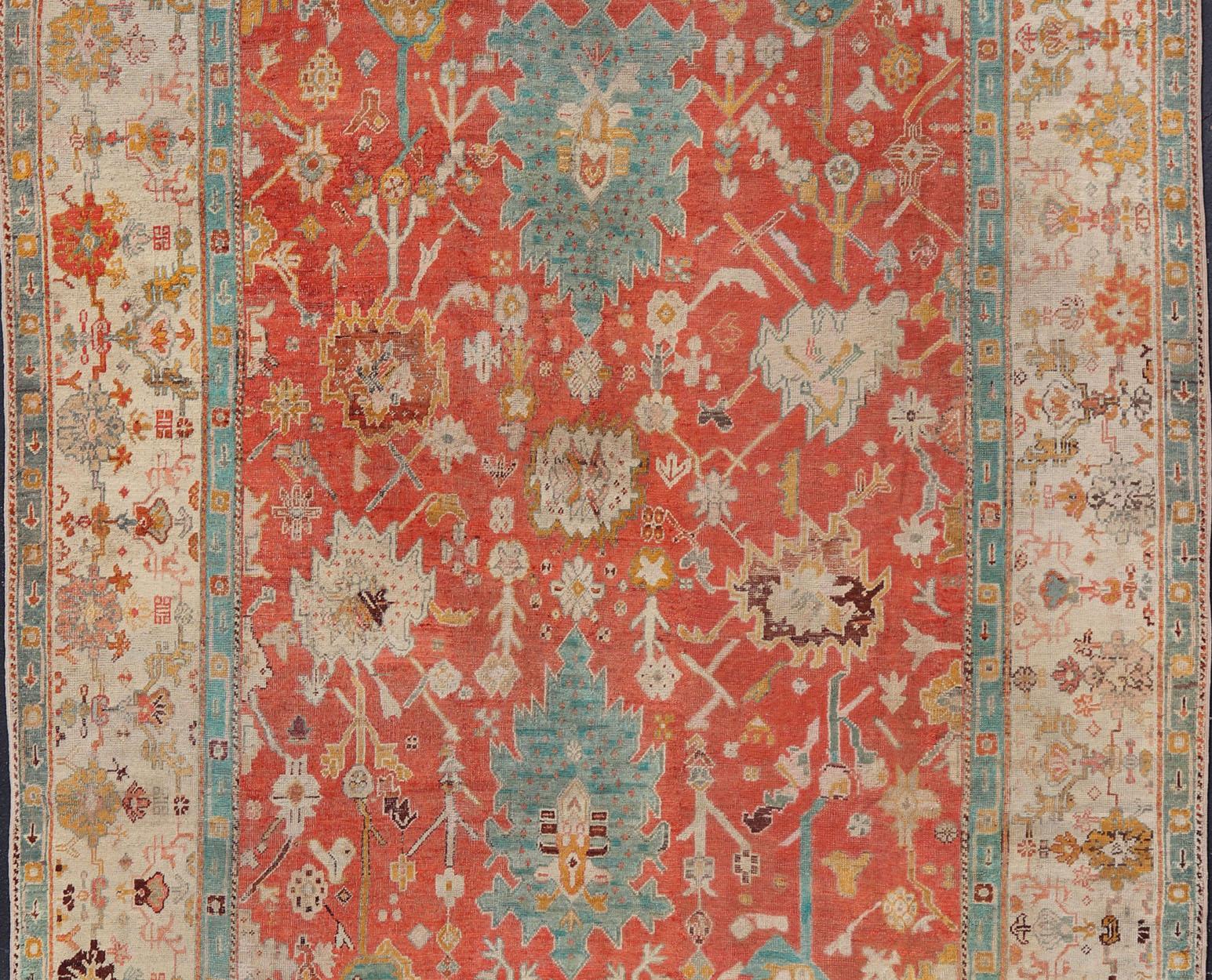 Antique Turkish Oushak In Tribal Motifs in Soft Coral, Blue, Marigold, and Cream For Sale 5