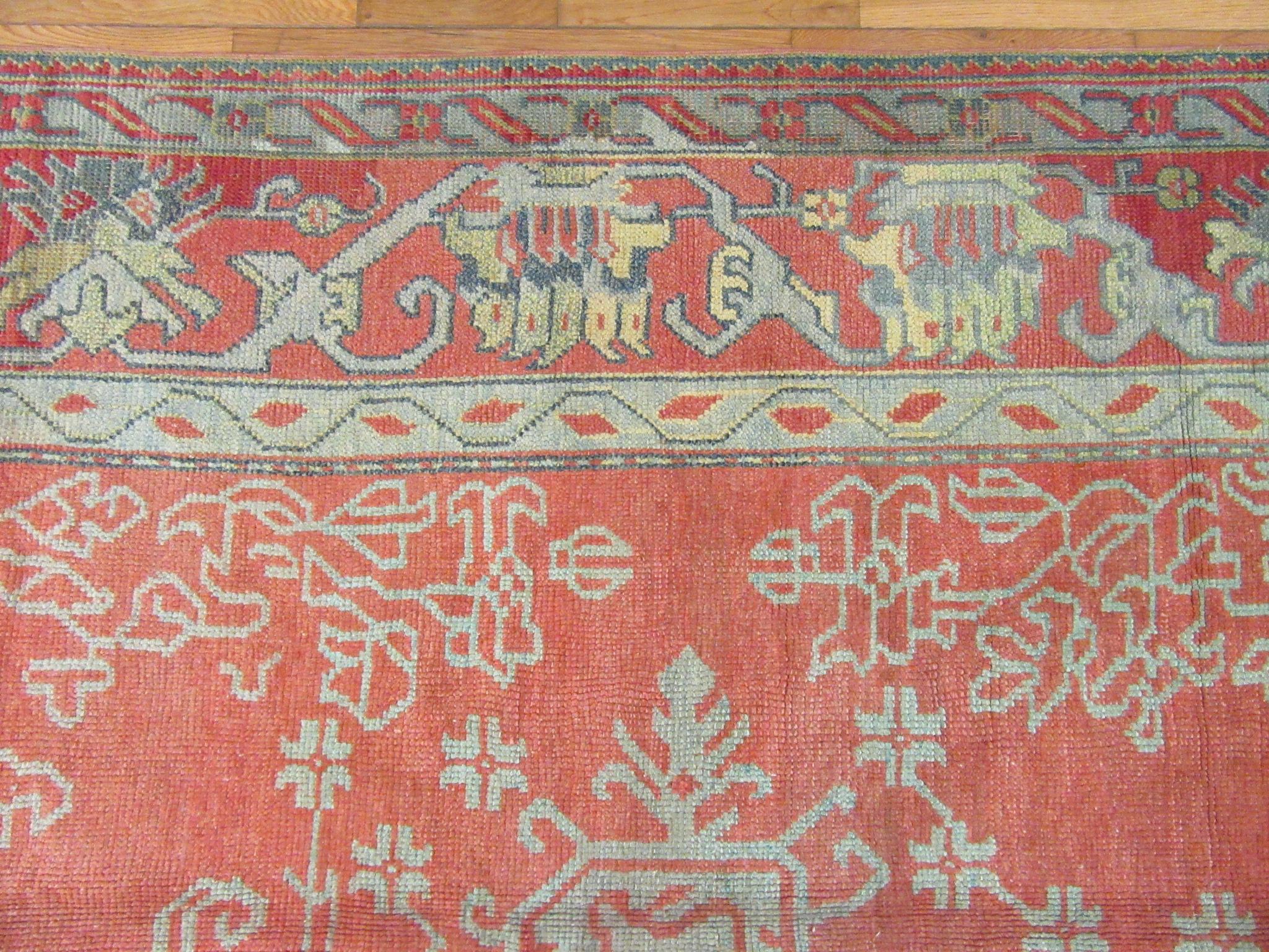 Large Antique Hand-Knotted Wool Coral Red Green Turkish Oushak Rug For Sale 6