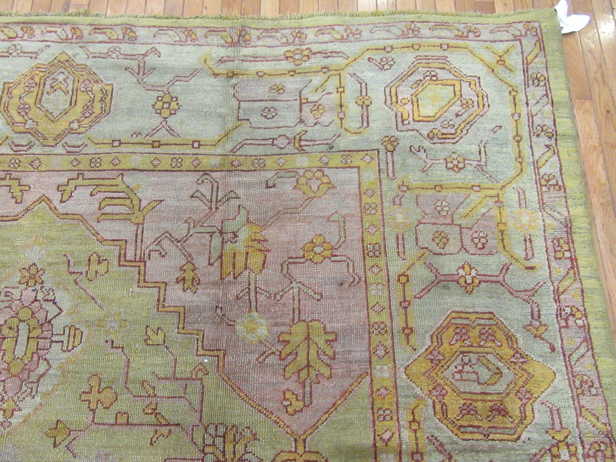 Antique Hand-Knotted Green Color Wool Turkish Oushak Rug For Sale 2