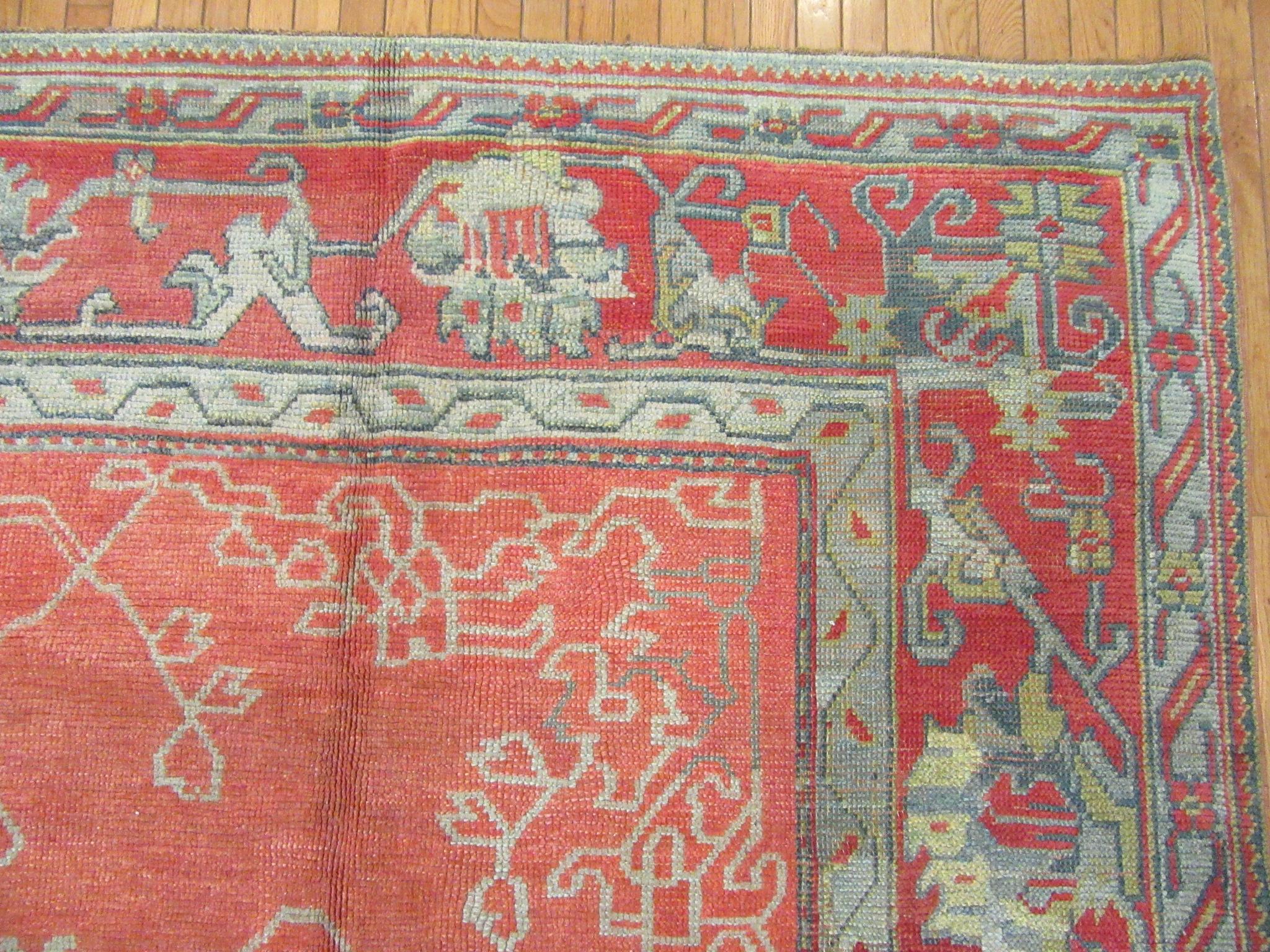 Large Antique Hand-Knotted Wool Coral Red Green Turkish Oushak Rug For Sale 7