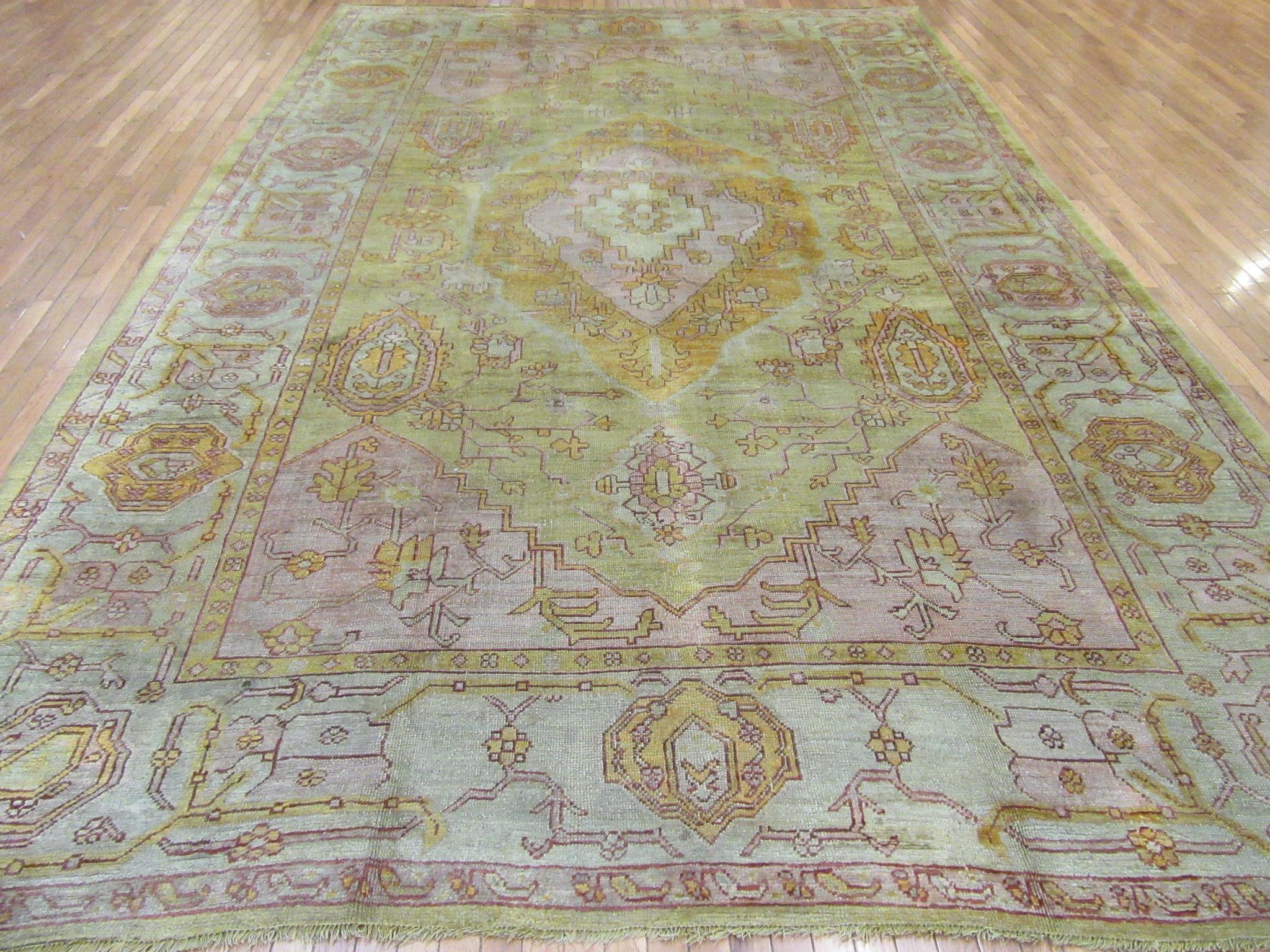 Antique Hand-Knotted Green Color Wool Turkish Oushak Rug For Sale 3